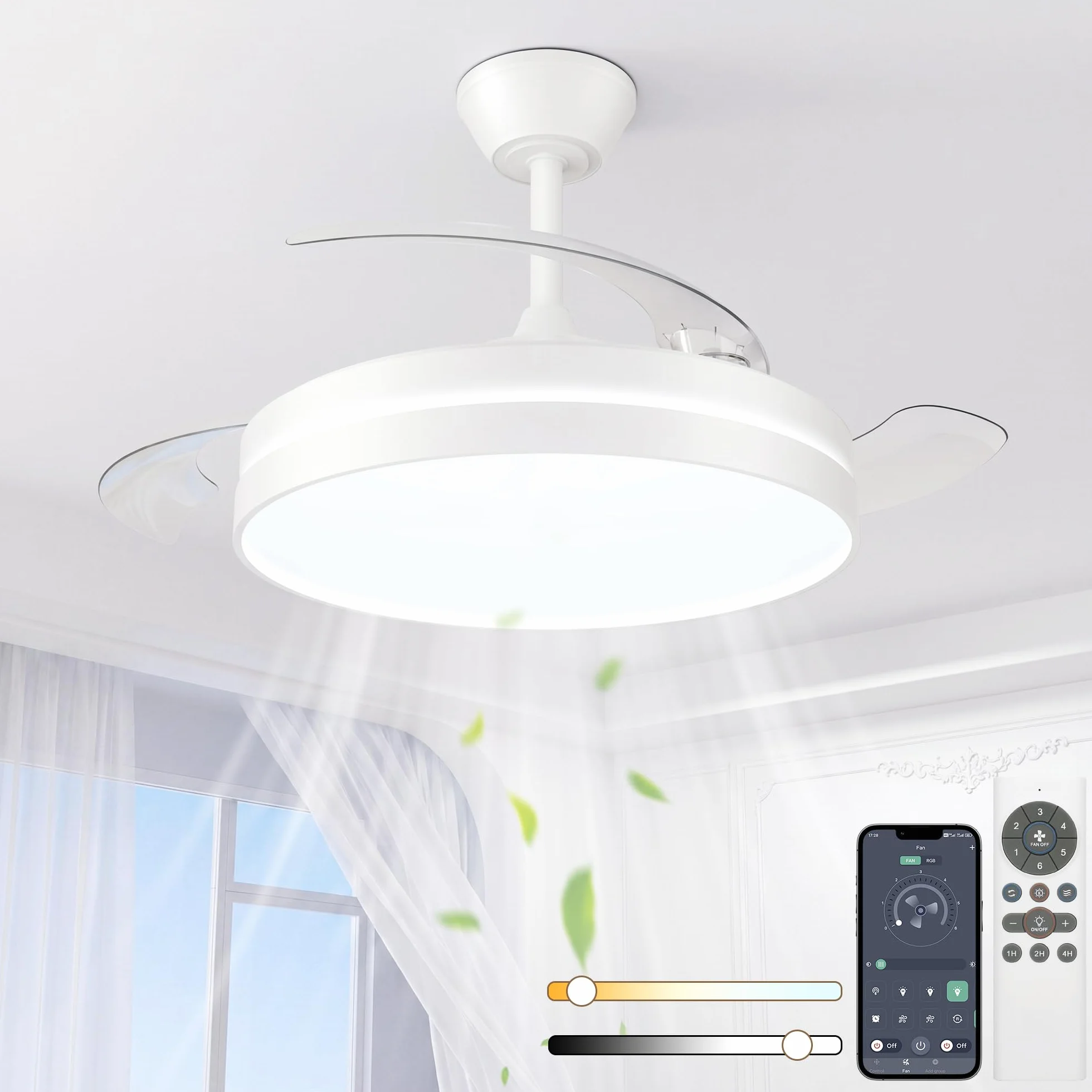 NIORSUN Ventilador de techo con luz,42" (106cm) Ventilador de techo,3 tonalidades, aspas desplegables, 40w 6 velocidades, APP&control remoto, Función Verano-Invierno,Blanco