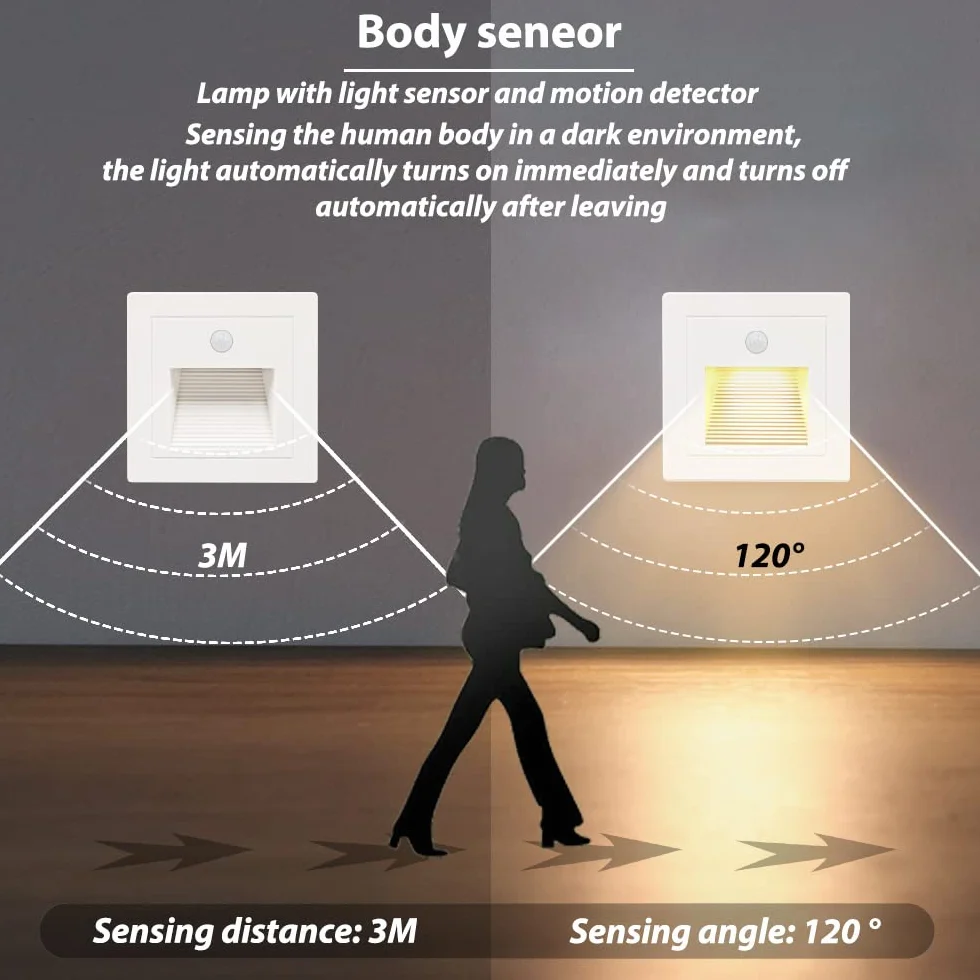 Lámparas LED empotrables de pared blanco cálido 3000K 230V 1.5W detector de movimiento para escaleras