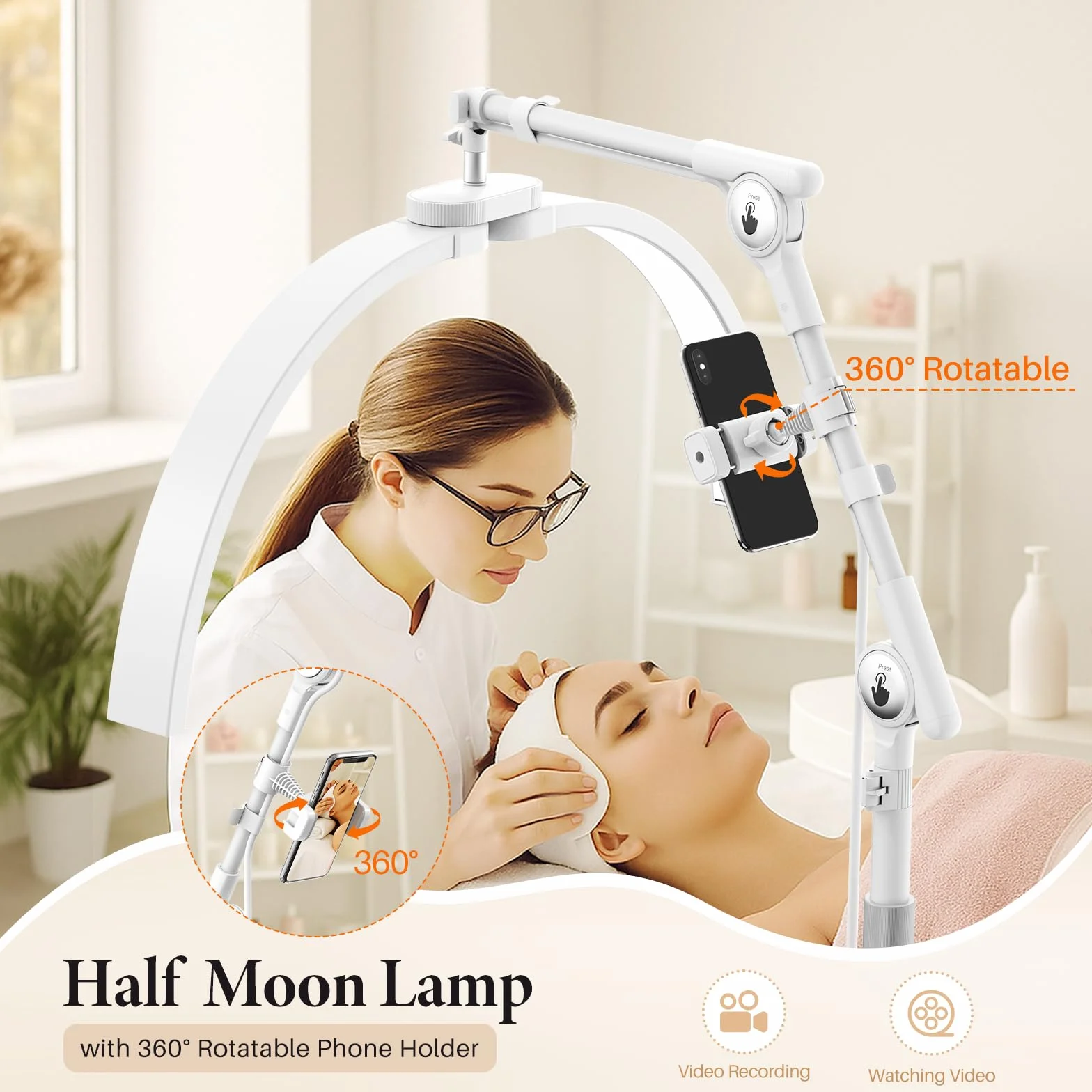 Lampara LED de pie para Pestañas 28" Plegable 3 Temperaturas de Color Cabezal Giratorio 360° Soporte Cuidado Piel Tatuaje Blanco