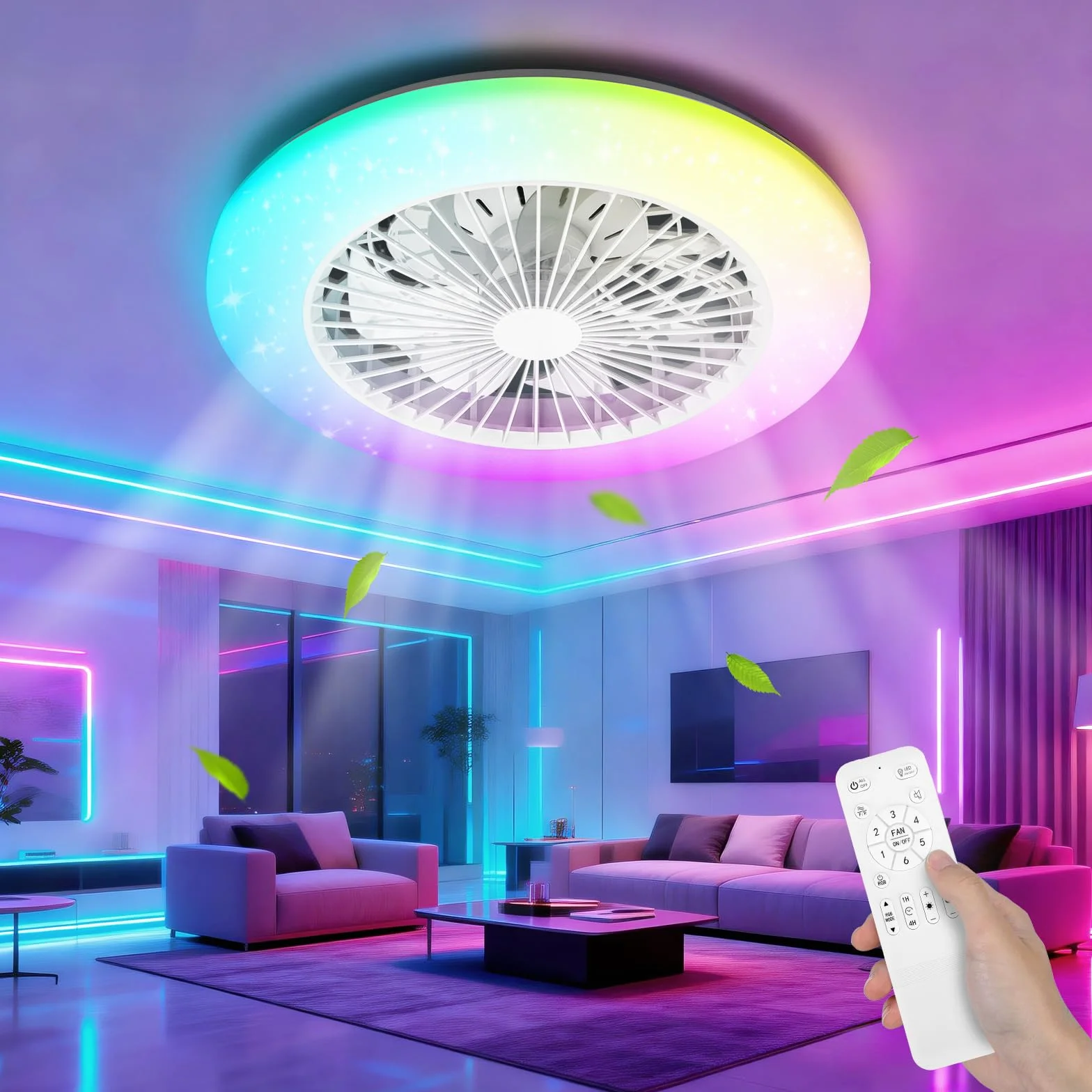 Aigostar Ventilador de Techo con Luz y Mando, Plafón LED 40W RGB+CCT Regulable, Motor Silencioso, 7 Aspas, Temporizador, 19.5" Blanco