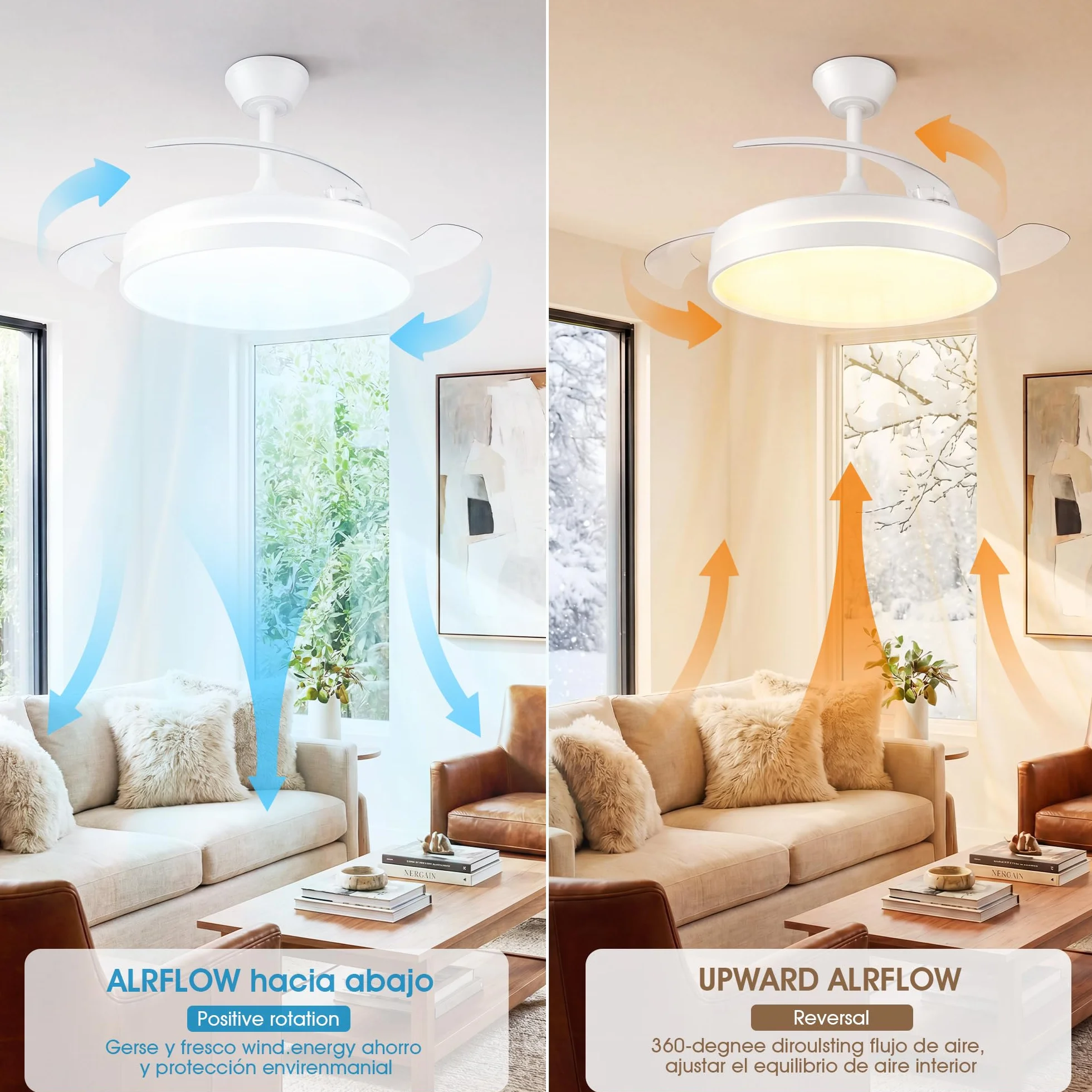 NIORSUN Ventilador de techo con luz,42" (106cm) Ventilador de techo,3 tonalidades, aspas desplegables, 40w 6 velocidades, APP&control remoto, Función Verano-Invierno,Blanco