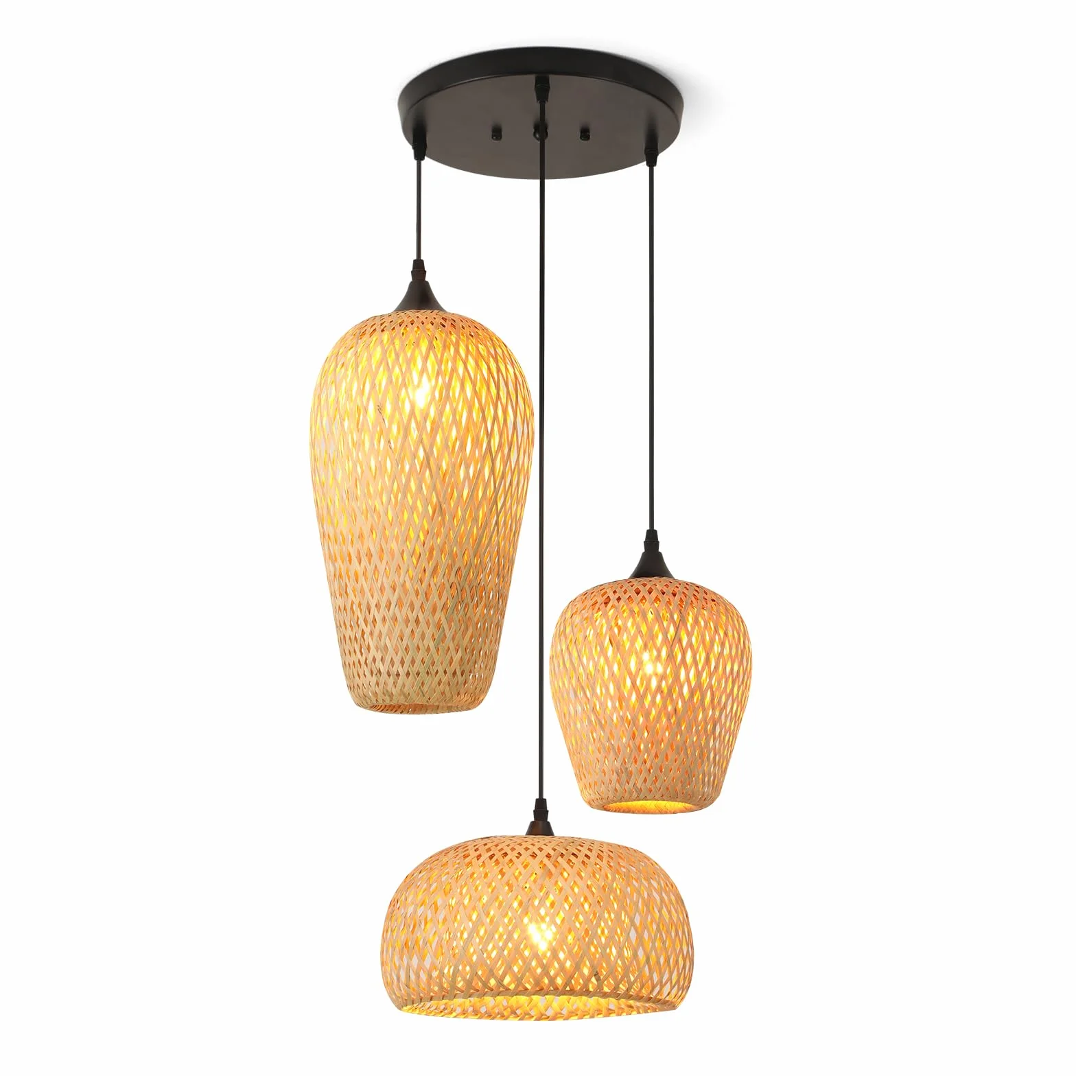 Lampara De Techo Bambu 3-Luz E27 Tejido A Mano Boho Vintage Para Salon Cocina Dormitorio