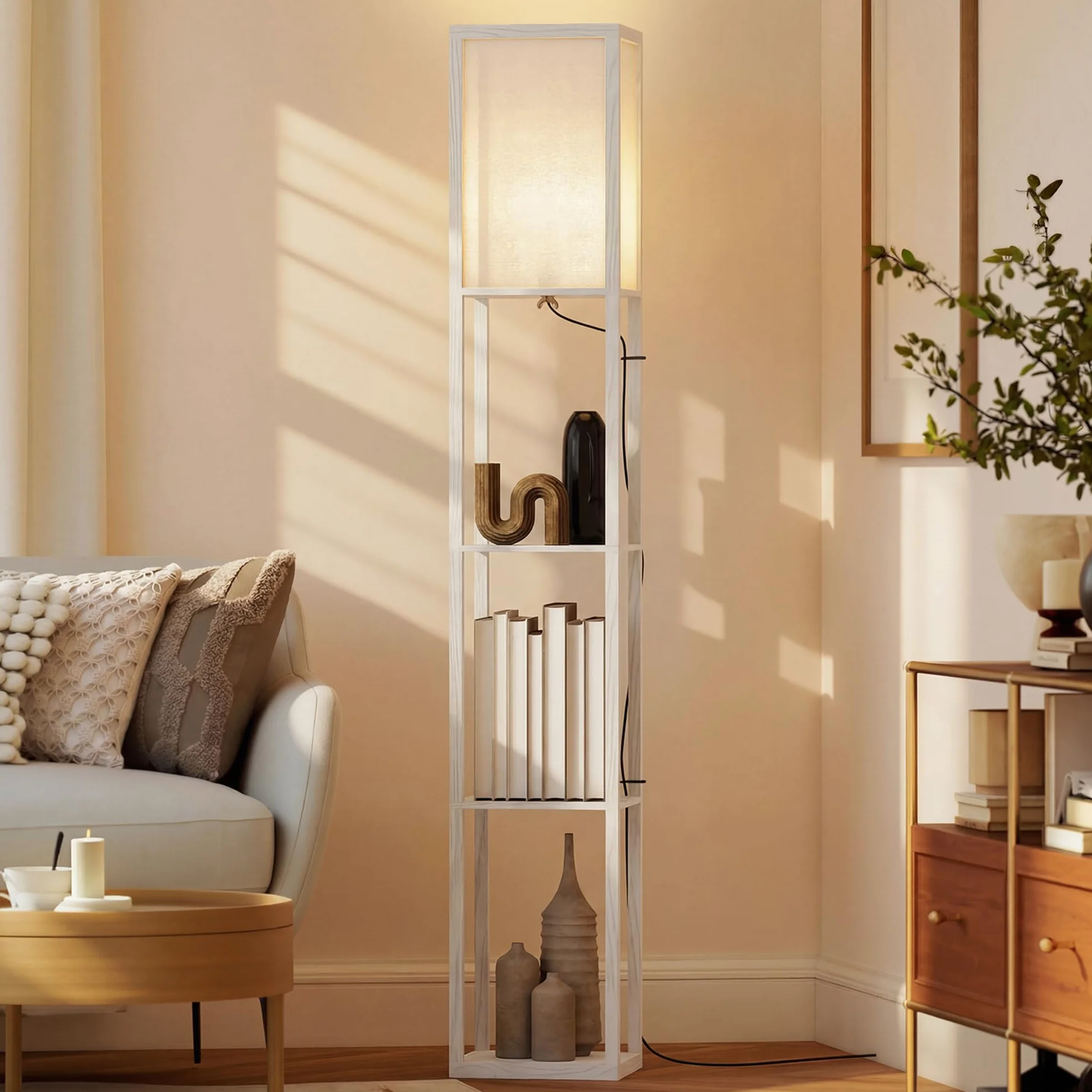 HOMCOM Lámpara de Pie con Estantes de Almacenaje, Madera Moderna, Bombilla E27, Blanco