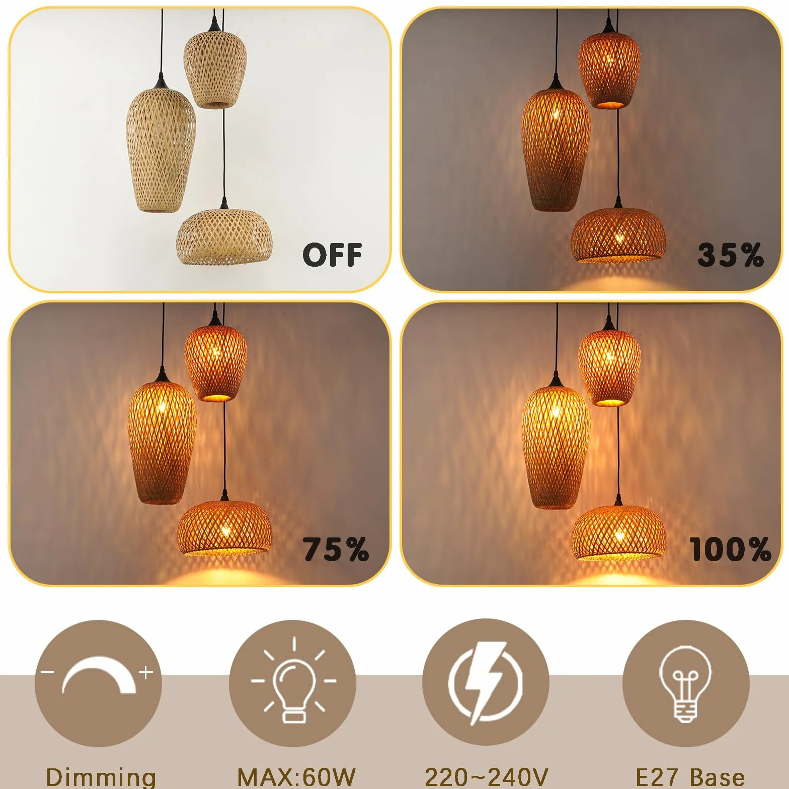 Lampara De Techo Bambu 3-Luz E27 Tejido A Mano Boho Vintage Para Salon Cocina Dormitorio