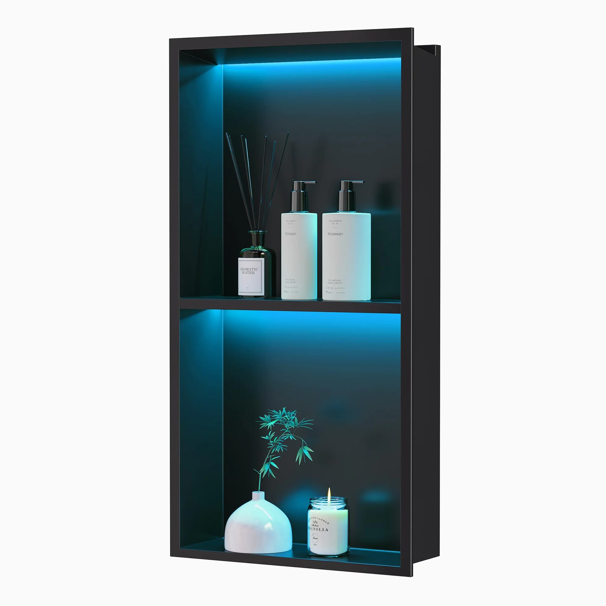 Ducha de pared acero inoxidable LED RGB IP68 doble nicho negro 60x30 cm mando a distancia 20 modos