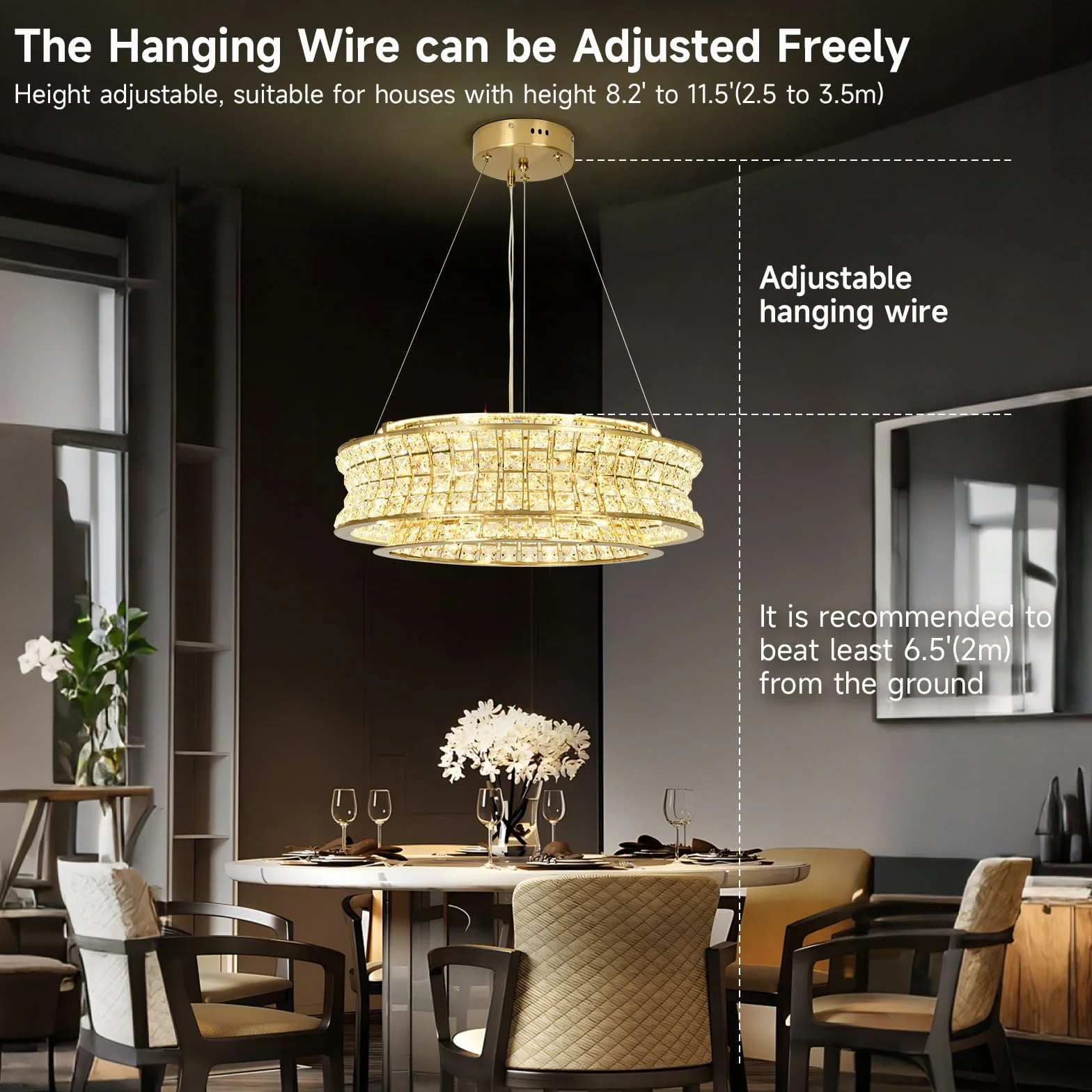 Lámpara de araña moderna de cristal dorado LED 50 cm ajustable para vestíbulos