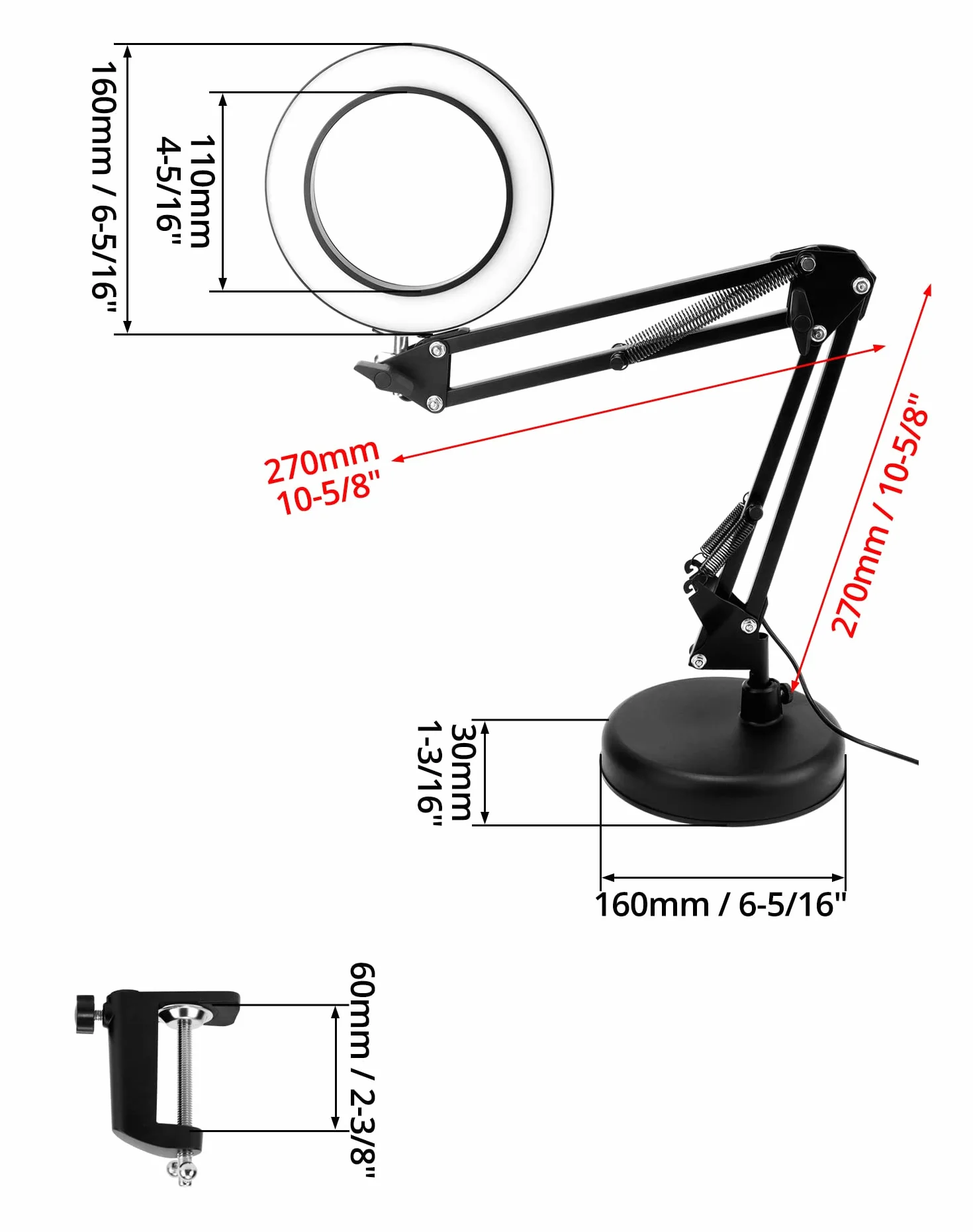 QWORK® LED de Lupa con Abrazadera y Base, lámparas de Aumento 10X, 3 Modos de Color y 10 Brillos Regulables, lámpara de Brazo Giratorio Ajustable, Negro