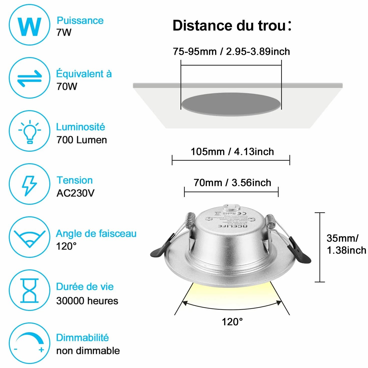ACELIFE Downlight LED Empotrable Redondo, 7W 700lm 6000K Blanco Frío, Aluminio, Juego de 6