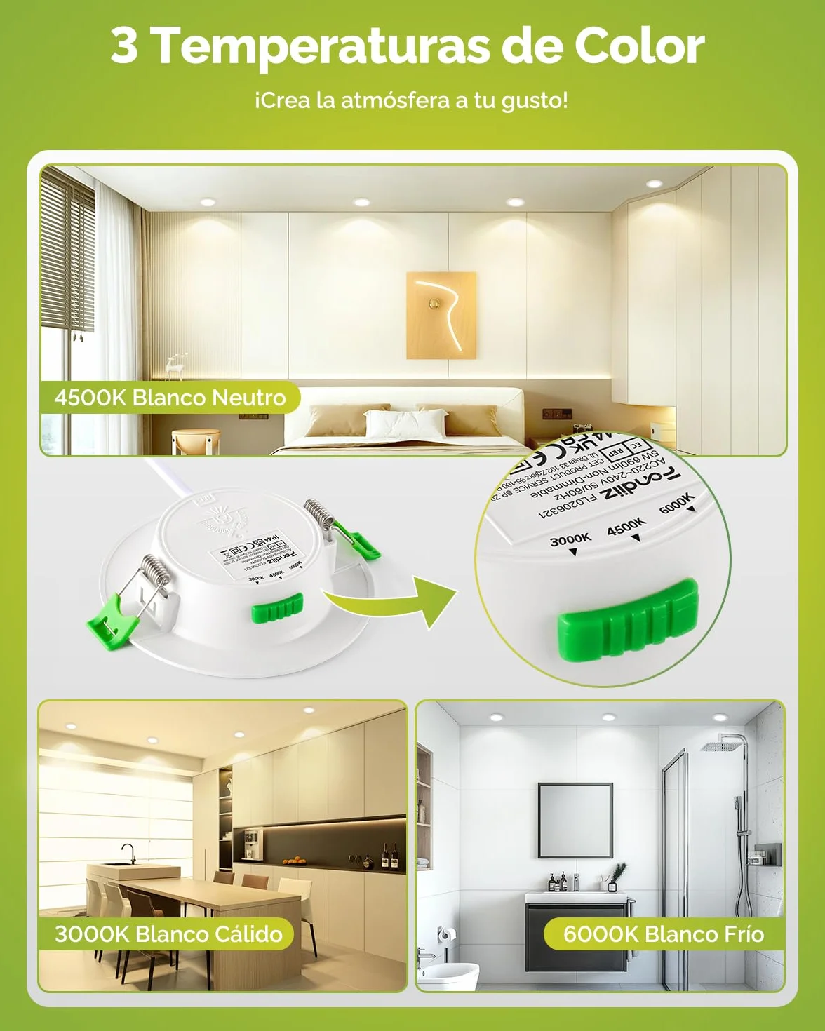 Fondiiz Downlight LED Techo Empotrable 5W 690lm 3000K-6000K IP44 Corte 75mm-90mm 6 Pack