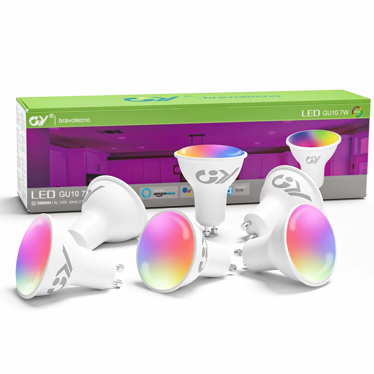 GY Bombilla LED Inteligente GU10 Compatible con Alexa/Google Home, 7W 500LM GU10, 2700K-6500K Luces Cálidas/Frías & RGB Regulable,Control de Voz, 6 Paquete