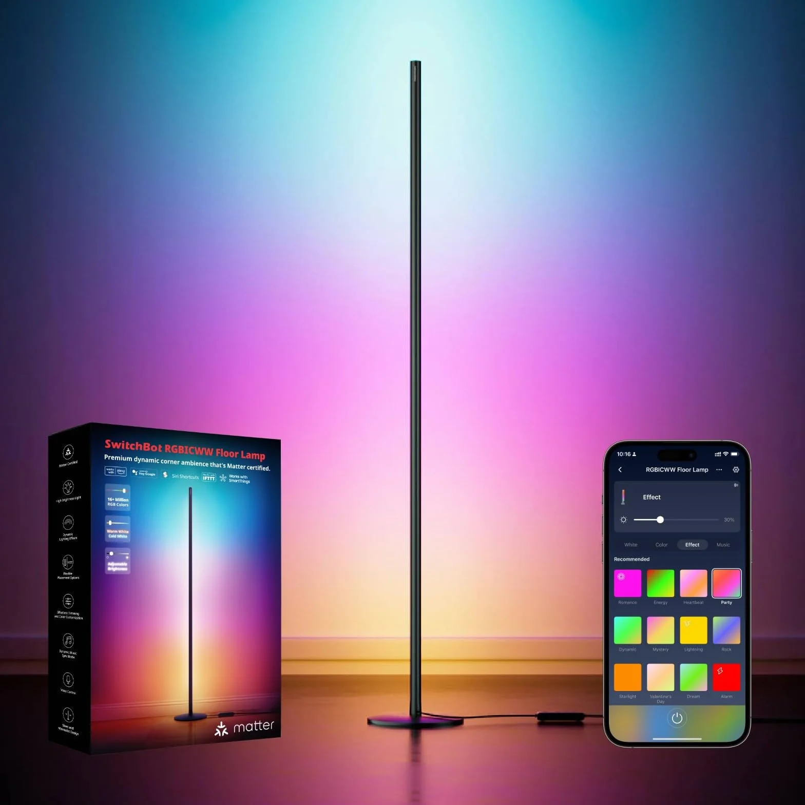 SwitchBot Matter RGBICWW Lámpara de Pie LED, Blanco Cálido y Frío, 16 Millones Colores, 1200lm, Compatible con Apple Home, Alexa, Google Home