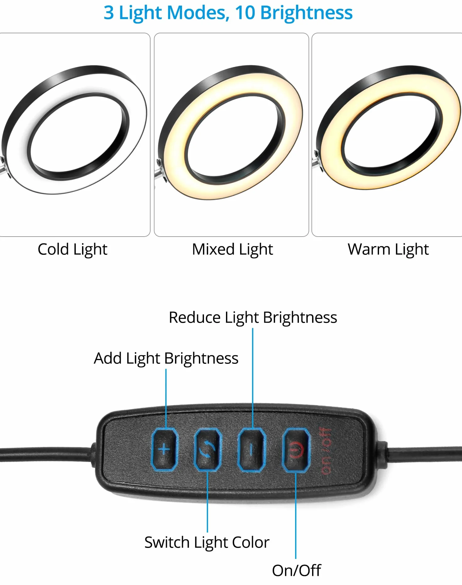 QWORK® LED de Lupa con Abrazadera y Base, lámparas de Aumento 10X, 3 Modos de Color y 10 Brillos Regulables, lámpara de Brazo Giratorio Ajustable, Negro
