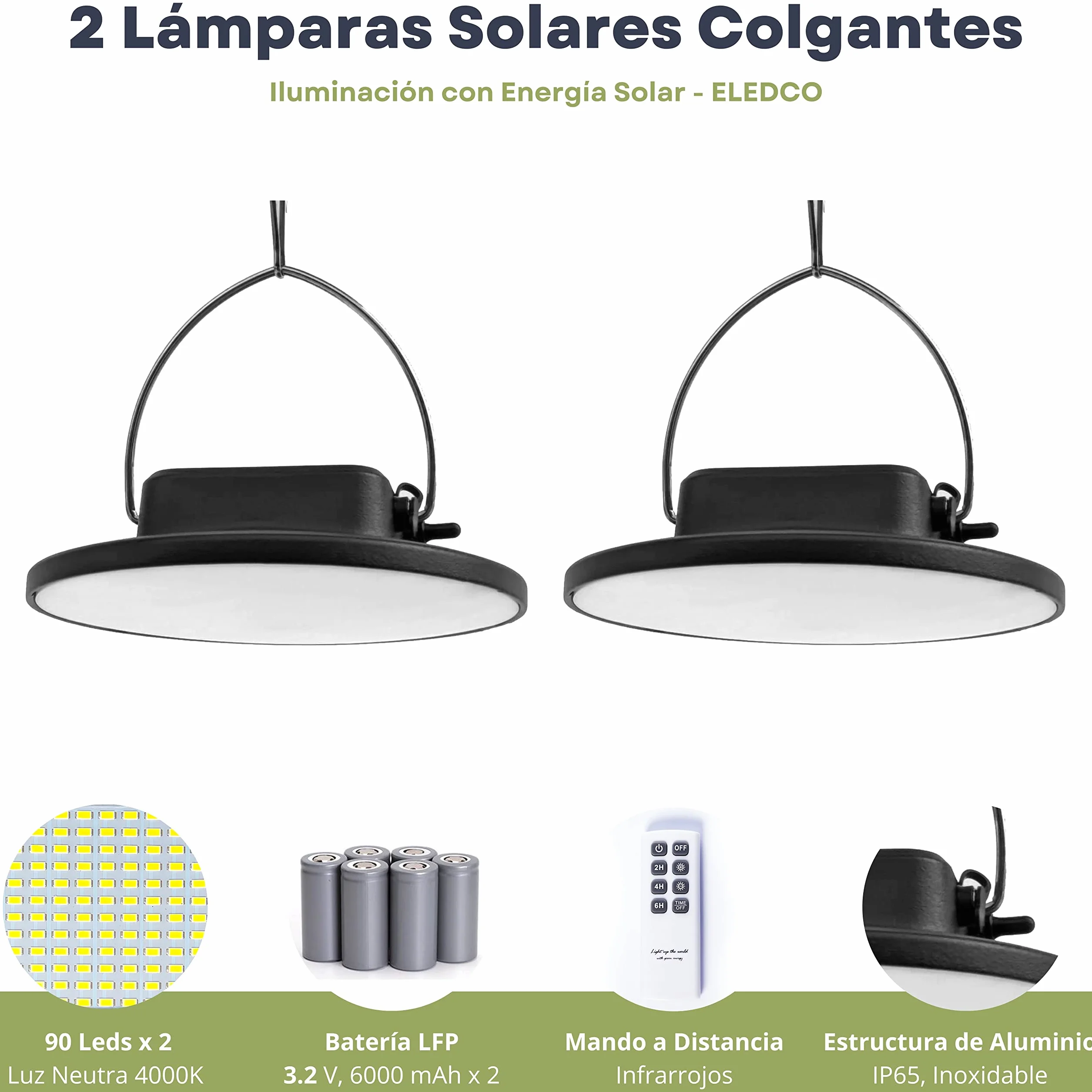 Lámparas Solares Colgantes, 2 Lámparas LED, Exterior, Interior, Luces Solares con Placa Solar, Batería, Mando a Distancia, IP65, Autonomía 8-15 Horas