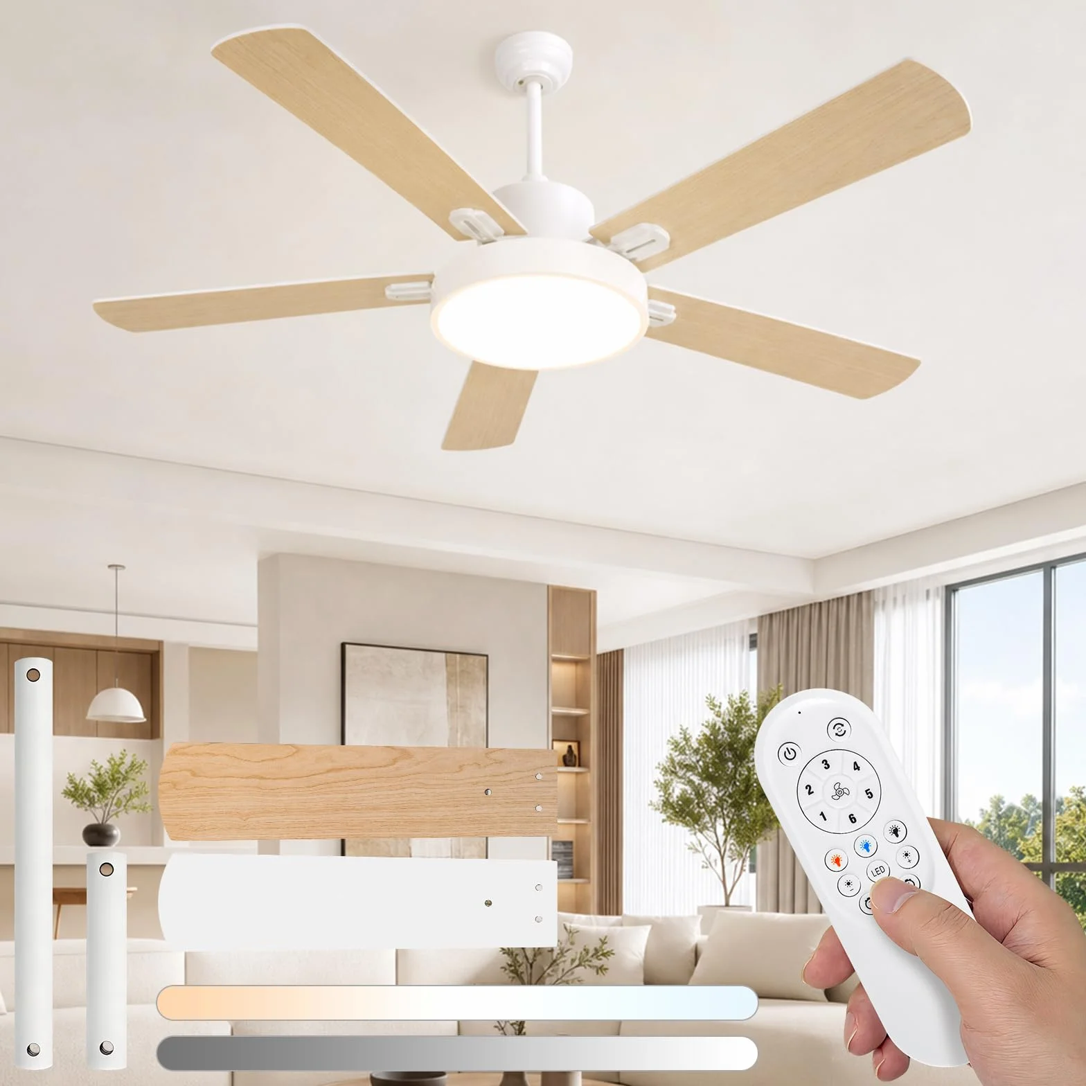 Aigostar Ventilador de Techo con Luz Silencioso 52″, Motor DC Reversible 29W, 31.5W LED, Mando a Distancia, 6 Velocidades, 3000K/4000K/6500K Regulable, Ideal para Dormitorio, Sala o Cocina