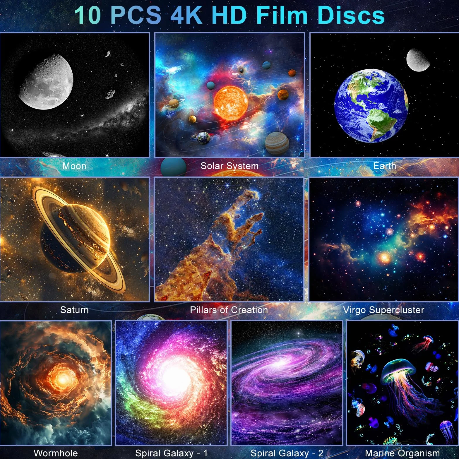 Proyector de Galaxias y Estrellas Real, 4K HD Proyector Planetario con 10 Discos de Película,Rotación de 360 ° Skylight Luz Nocturna con Minutero para Decoracion