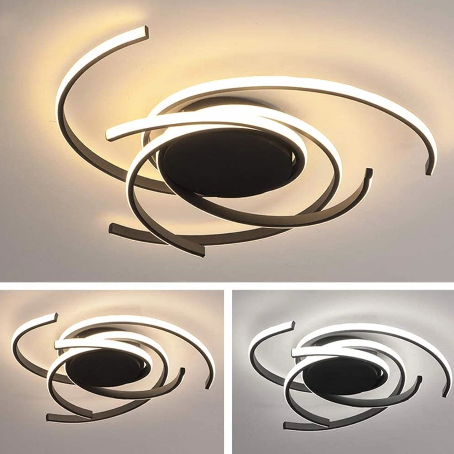 Lámpara de techo LED regulable con control remoto, araña de acrílico y metal, diseño flor espiral, negro