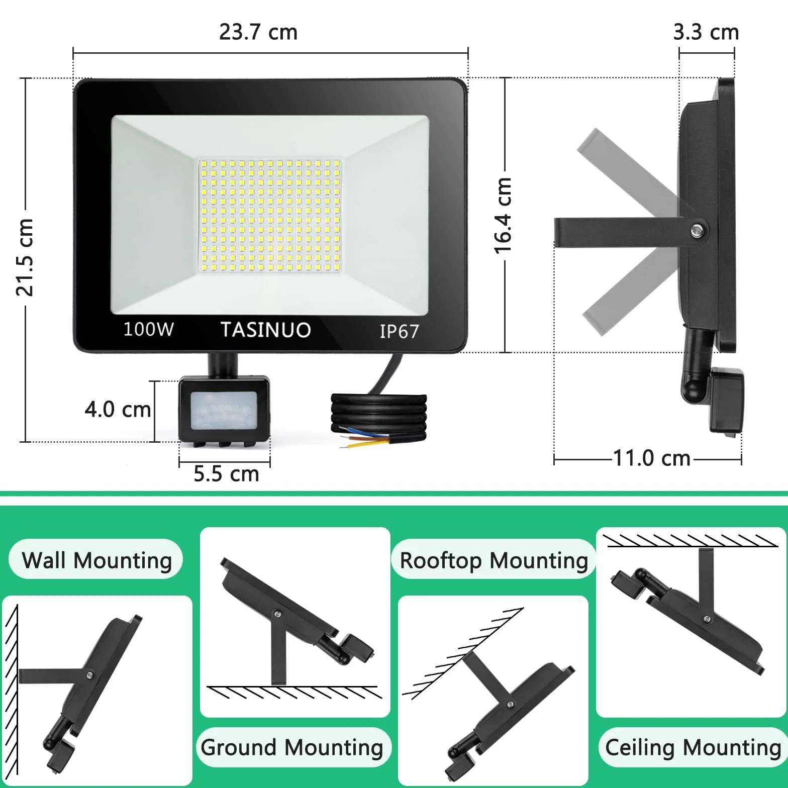 Foco LED con Sensor de Movimiento 100W, 10000LM 7000K Focos LED Exterior, IP67 Impermeable Luz LED con Sensor de Movimiento, 180 LEDs Luces Led Exterior para Jardin, Terraza, Garaje, Entrada