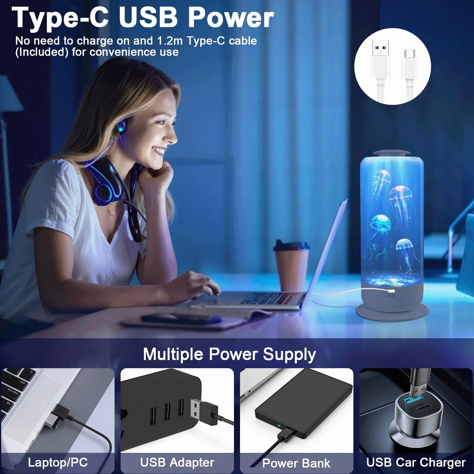 BestYiJo Lampara Medusa Lampara de Lava, Acuario 2.5 Litro Carga USB, Acuario de Medusas Decolorado LED, con Control de Velocidad y 2 Modos de luz, Luces de Atmósfera de Oficina Familiar (Blanco)