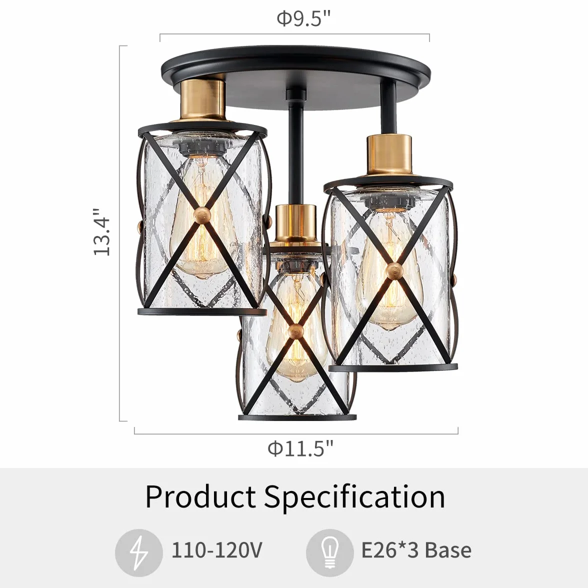 WUZUPS araña semi flushmount industrial 3-light plafon lámpara de techo transparente pantalla de cristal semillero para entrada porche vestíbulo cocina comedor baño, w29 h34, e27 base negra con latón