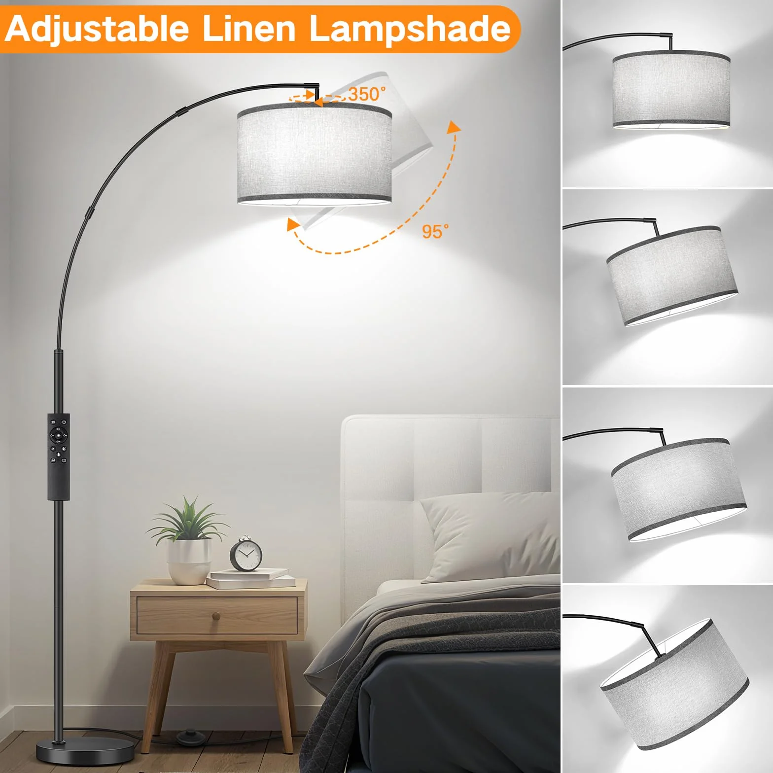 OUTON Lampara de Pie de Arco, 4 Temperaturas de Color, Pantalla Gris 40cm, Control Remoto, Bombilla E27, LED para Salon