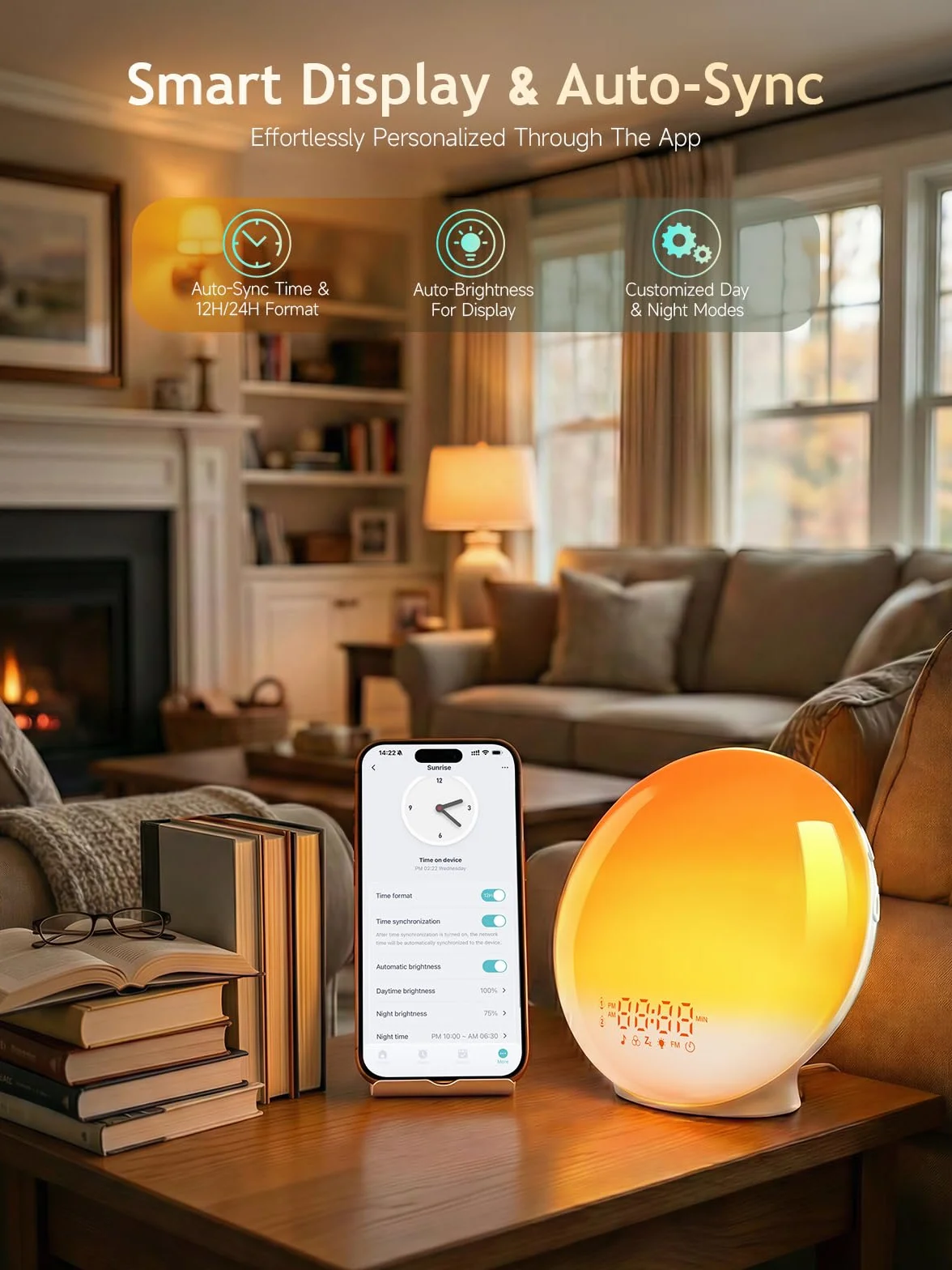 Despertador Luz Wake Up Light con Simulación de Amanecer y Atardecer, App Control, 4 Alarmas, Radio FM, 12 Colores