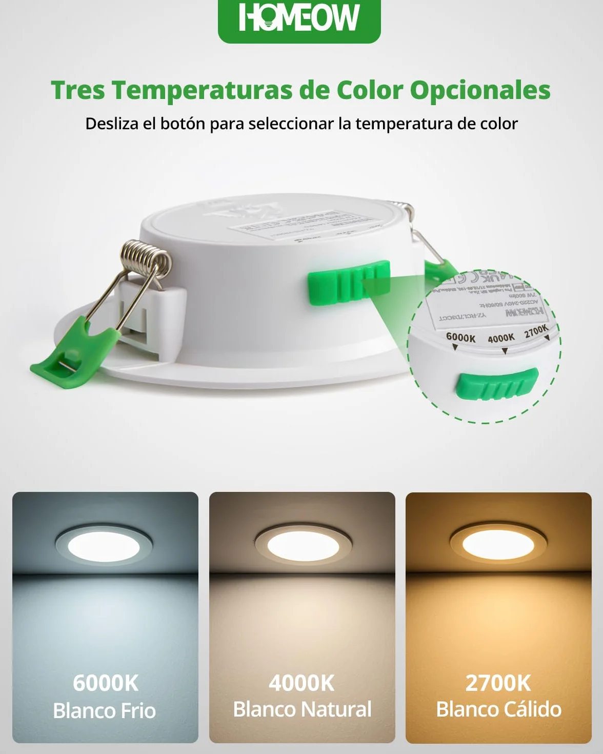 HOMEOW Downlight LED Techo Empotrable Regulable 7W 220V 3CCT IP44 Focos LED Interior Baño