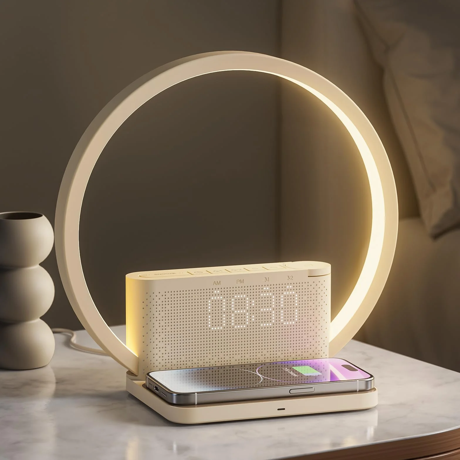 blonbar Lámpara de mesilla de noche con despertador iluminado, luz para despertarse, cargador inalámbrico de 10 vatios,3 niveles de brillo atenuación táctil, música, ayuda para dormir en el dormitorio