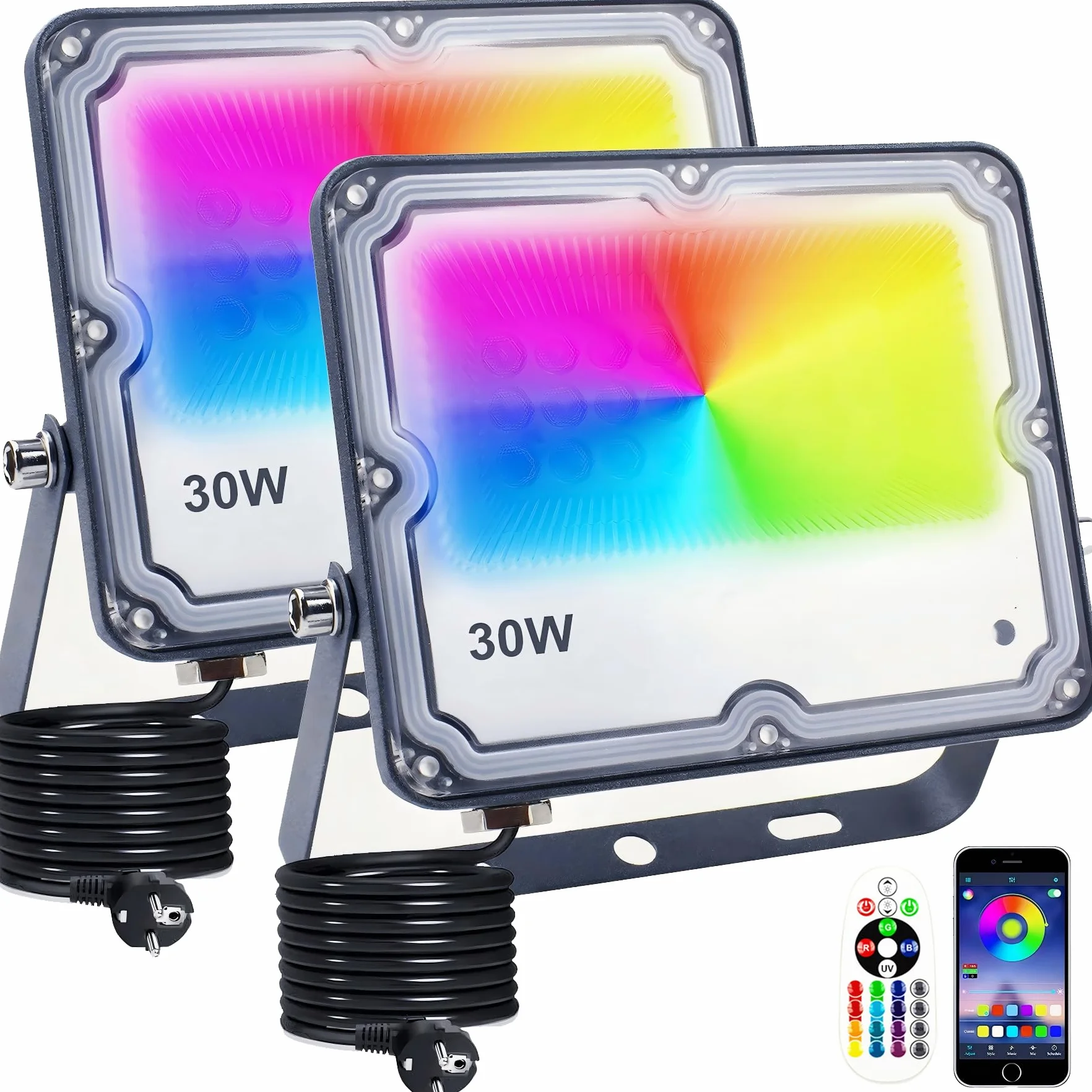 Foco Led RGB 30W Focos LED Exterior con Control Remoto IP66 Impermeable 16 Millones de Colores 28 Modos Proyector LED RGB Exterior Para Jardín Patio Pasillo Garaje Terraza Navidad