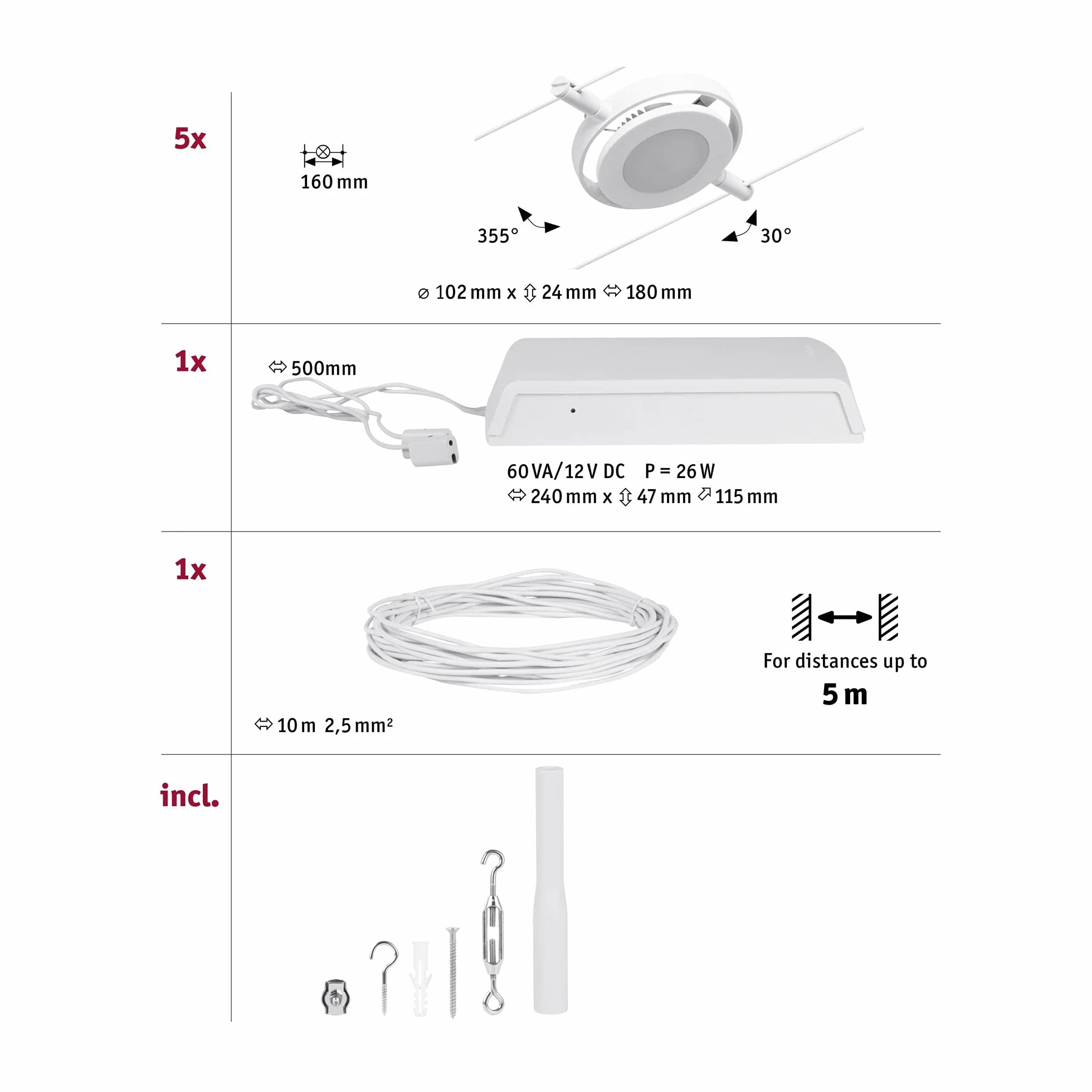Paulmann CorDuo Juego sistema cable LED RoundMac DC 5x4.5W extensible Blanco cromado 3000K