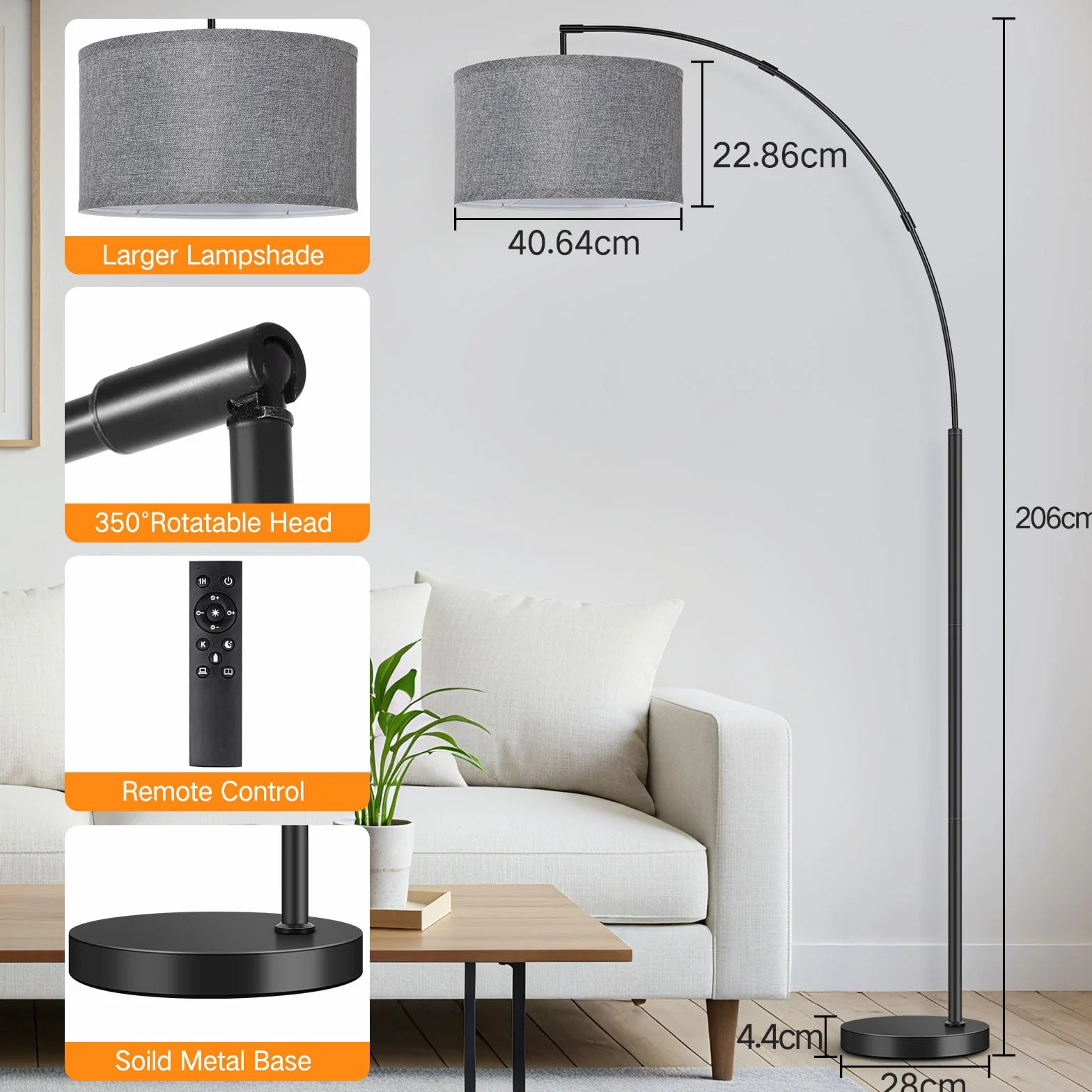 OUTON Lampara de Pie de Arco, 4 Temperaturas de Color, Pantalla Gris 40cm, Control Remoto, Bombilla E27, LED para Salon