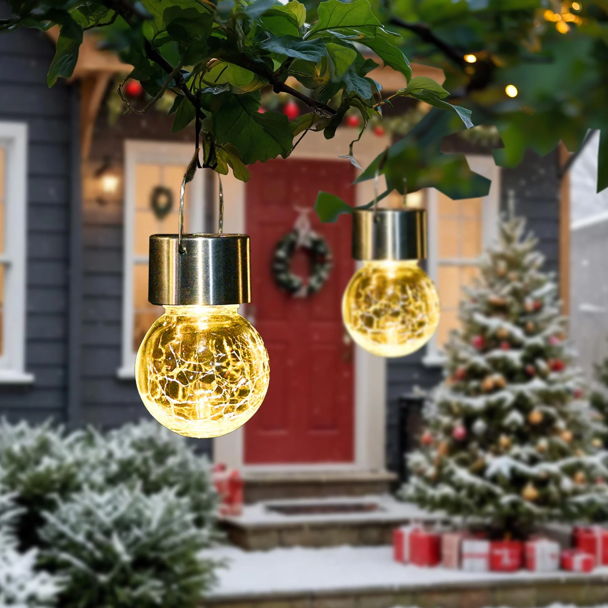 GIGALUMI Paquete de 12 luces solares para exteriores, luces solares colgantes para decoración de Navidad, luces solares de vidrio agrietado para exteriores, impermeables, para jardín, patio, valla,