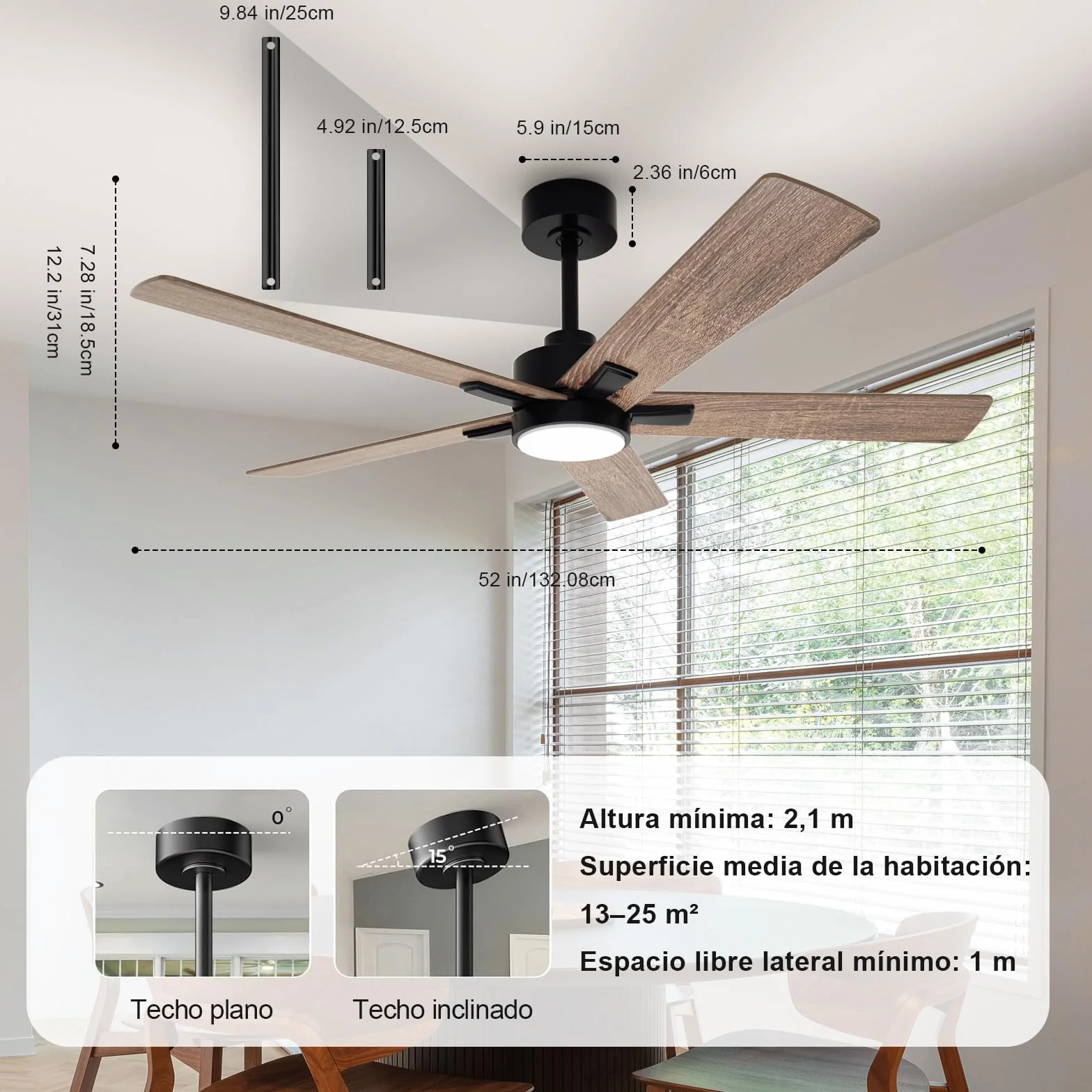 Ventilador de Techo con Luz DC, 132 cm, 3 Temperaturas de Color, 6 Velocidades, Función Verano/Invierno, Nogal