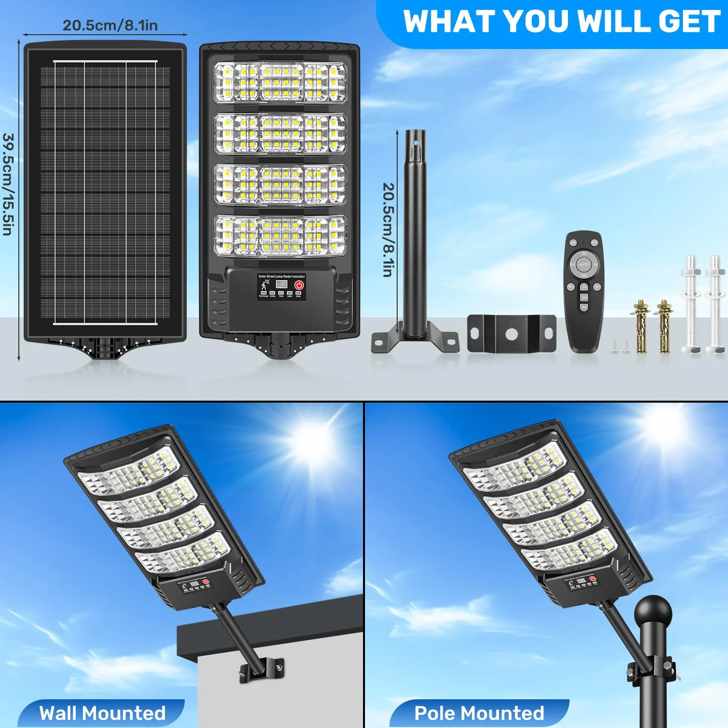 LEKIA Farolas Solar Exterior, 1000W Potente Focos LED Solares con Sensor de Movimiento y Mando a Distancia, 6500K Luz Solar IP66 Impermeable Luces Solares para Jardín Patio Aparcamiento, 2 Paquetes