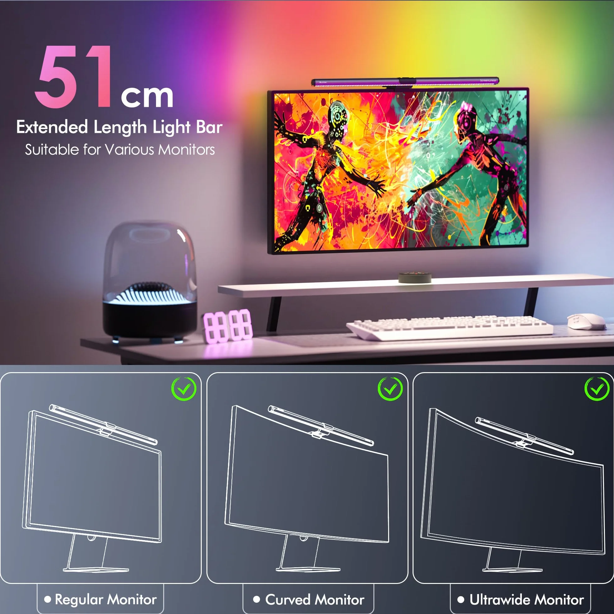 Quntis 51CM Luz Monitor con Retroiluminación Rgb, Lámpara de Monitor Remota con 15 Modos de Retroiluminación, Regulable y Antideslumbrante, Luz Ordenador para Todos los Monitores