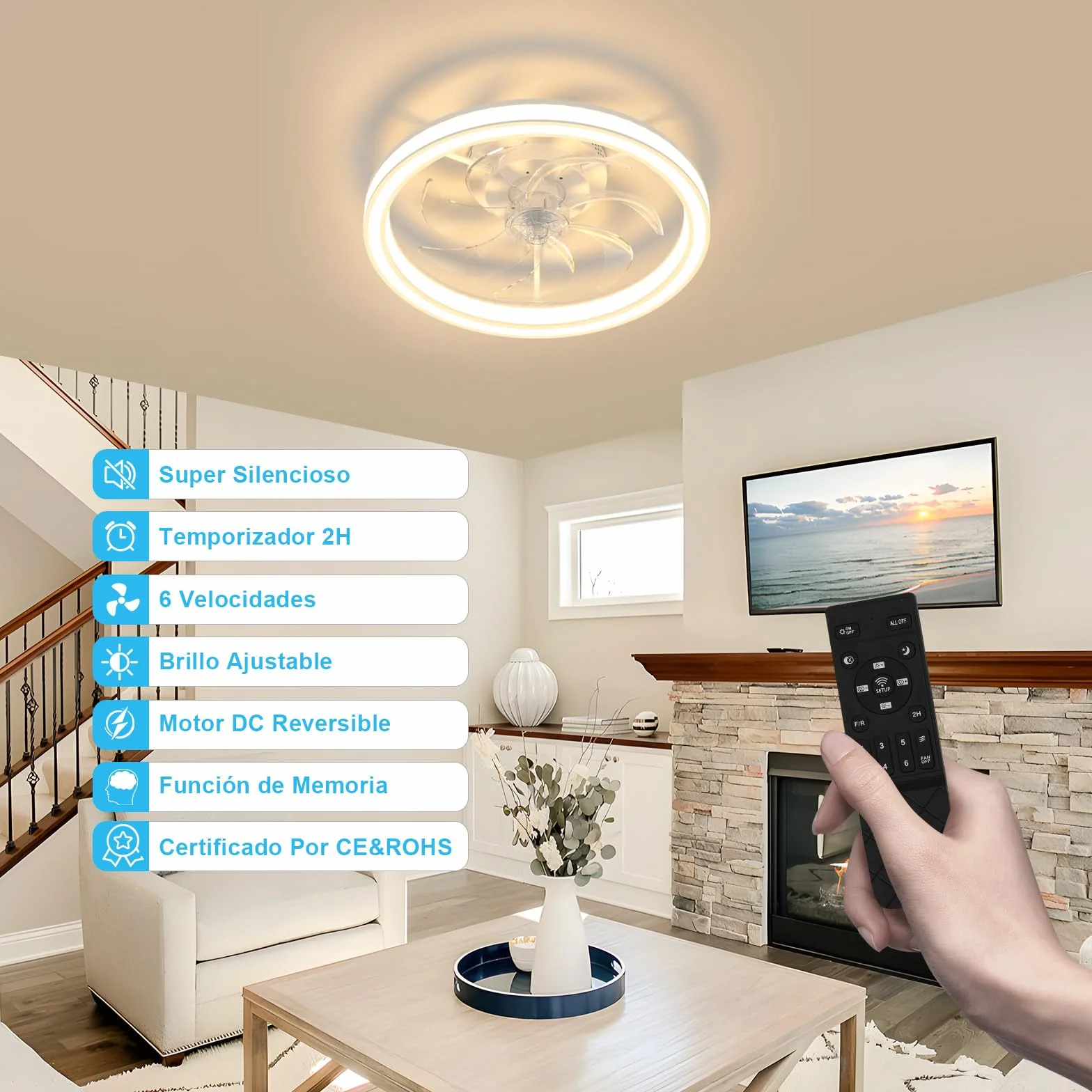 Ventilador de Techo con Luz LED 48CM, Lámpara Ventilador Techo con Control Remoto, Motor Silencioso con 6 Velocidades Reversibles, Temporizador, Luz Ventilador Techo Dormitorio, Blanco