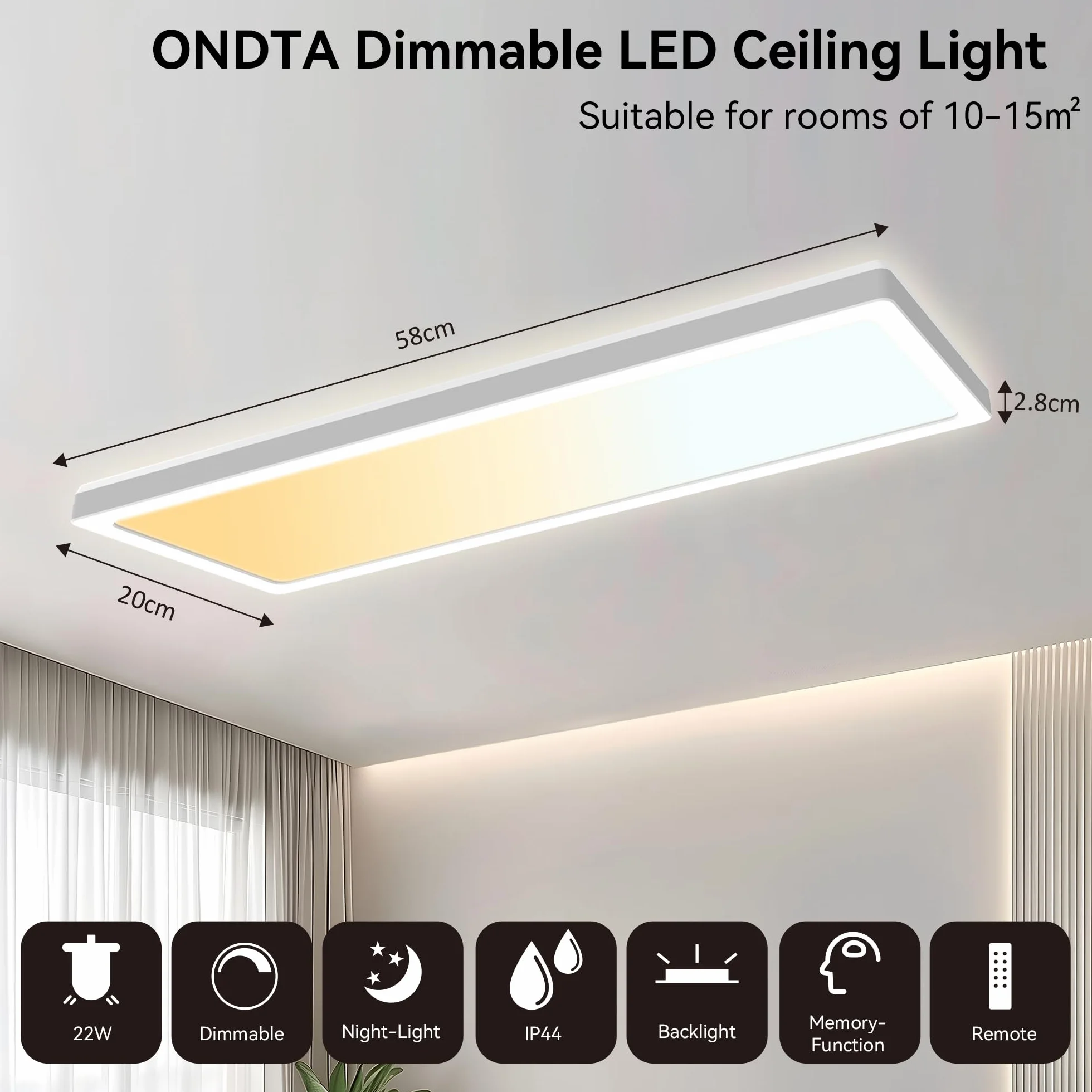 Plafón LED Techo 22W 58x20cm 2700K-6500K Regulable con Mando IP44