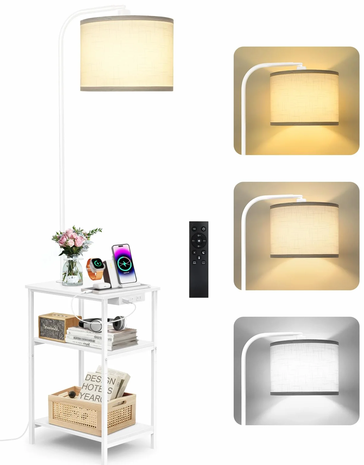 Lámpara de Pie LED Regulable con Mando, 3 Temperaturas, Mesa Auxiliar con Carga USB y Estante para Salón