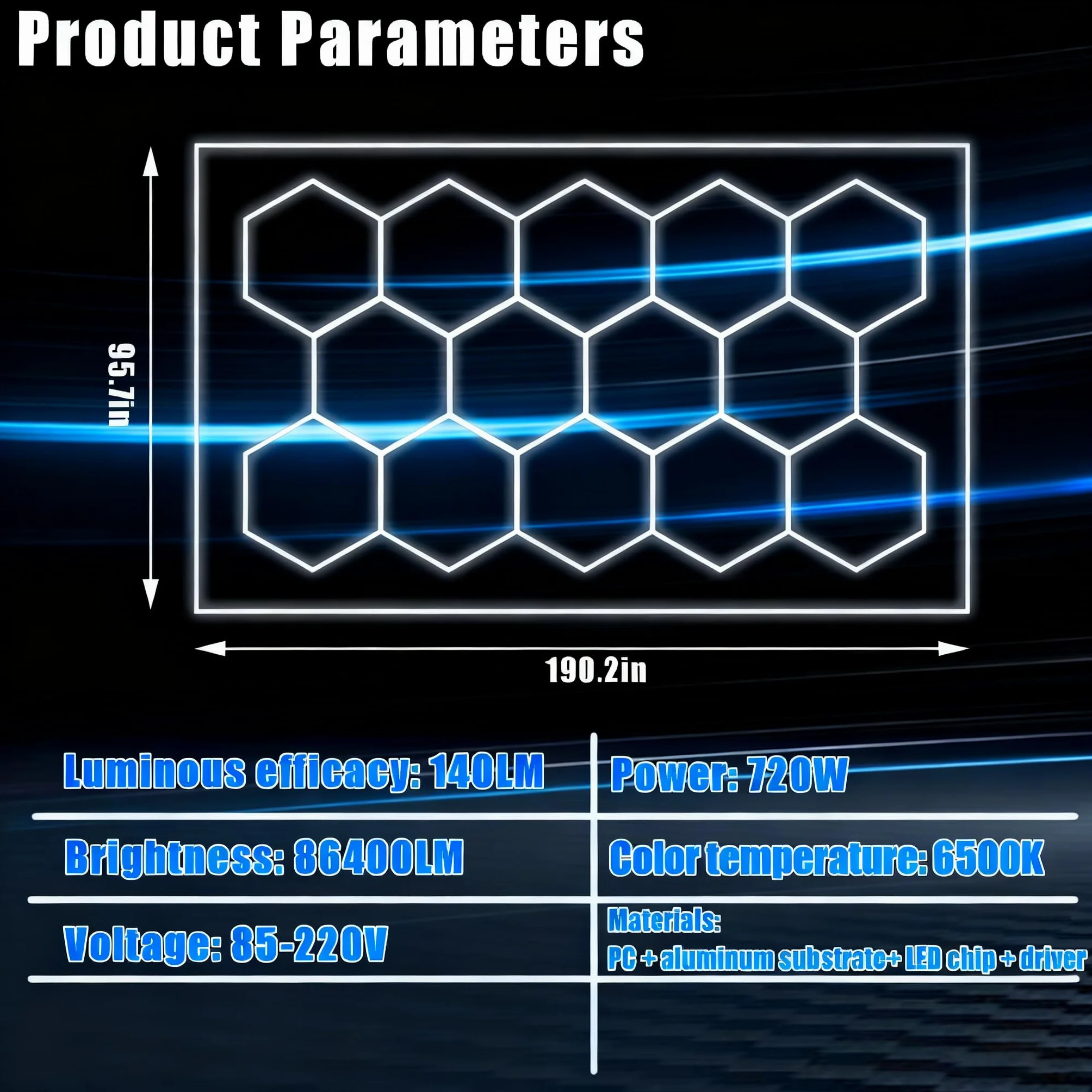 Panel LED Hexagonal Nido de Abeja 86400LM 720W IP54 Luz Blanca 6500K