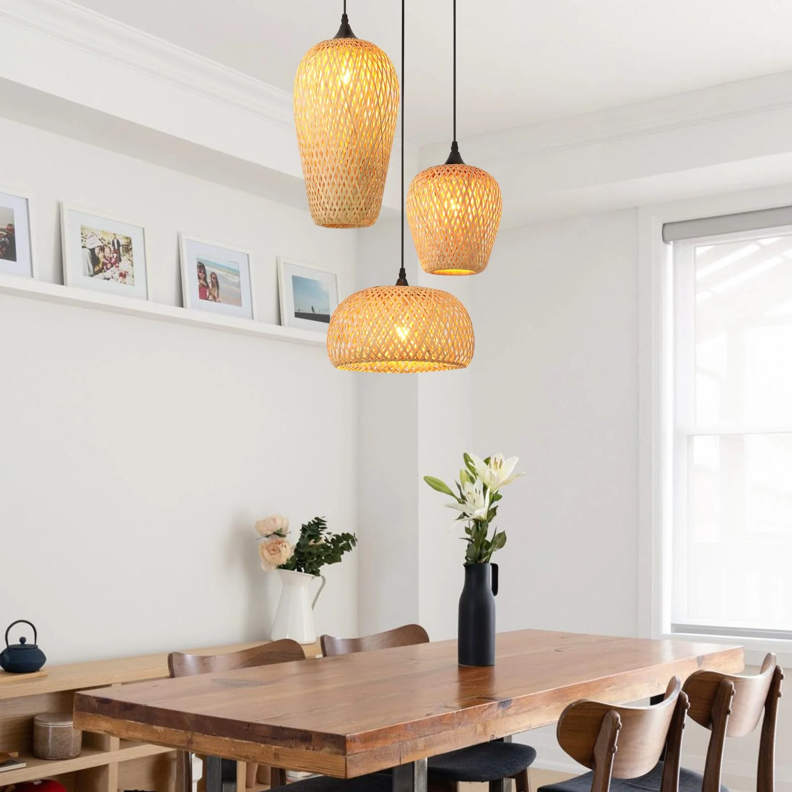 Lampara De Techo Bambu 3-Luz E27 Tejido A Mano Boho Vintage Para Salon Cocina Dormitorio
