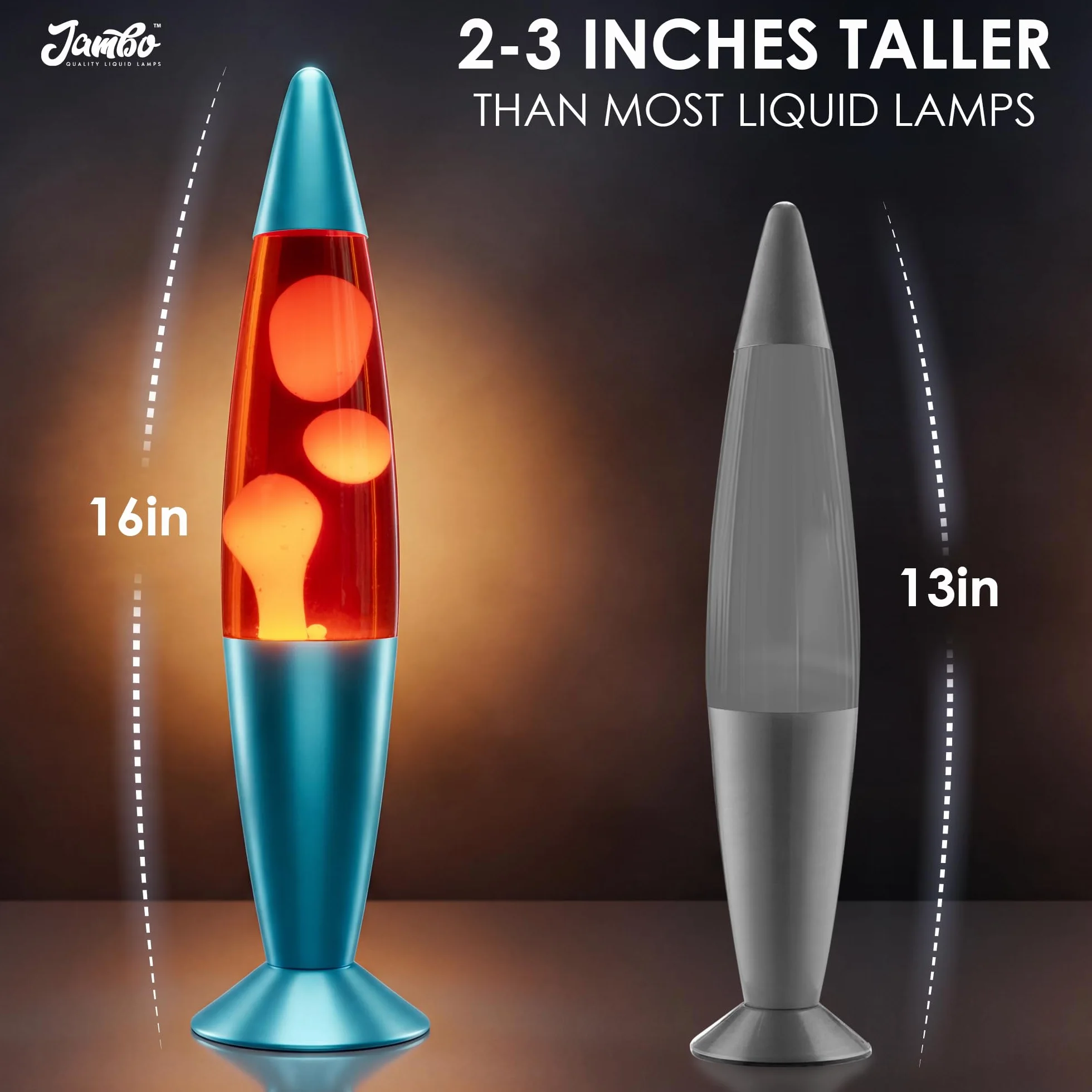Jambo Lámpara de volcán azul con cera que fluye como lava, lámparas frescas, luces nocturnas para niños, adultos, adolescentes (16 pulgadas, base azul, líquido rojo, cera naranja)