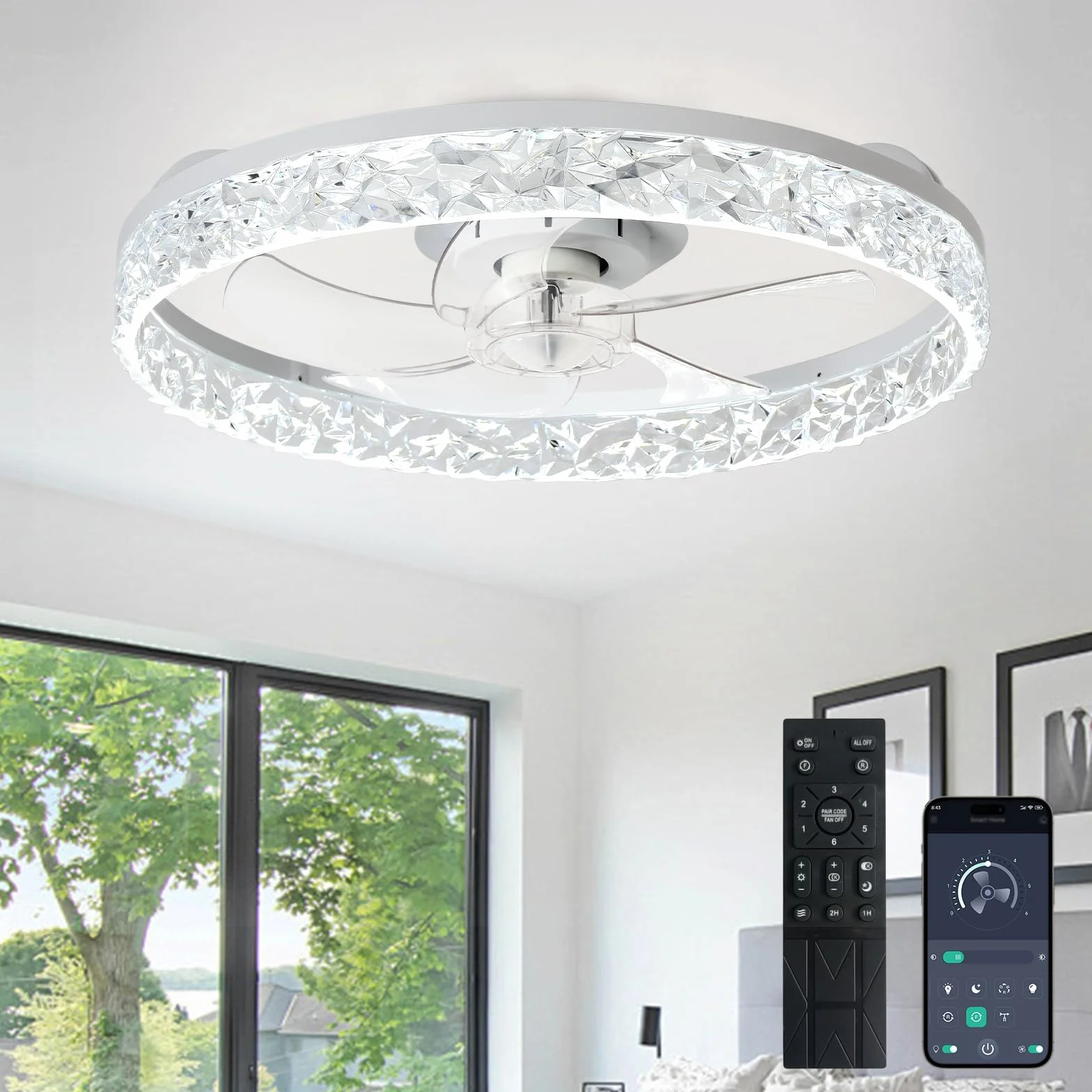 Depuley Ventilador de techo LED 20 pulgadas empotrado con luz regulable control por app blanco