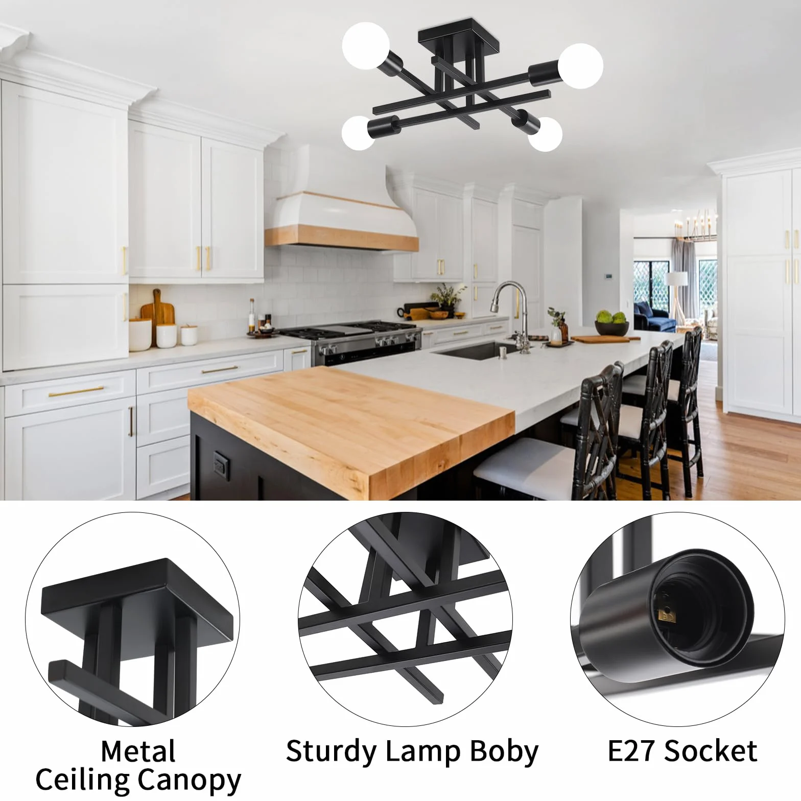 Lampara Techo Negro 4 Luces Vintage E27 para Salon Comedor Cocina