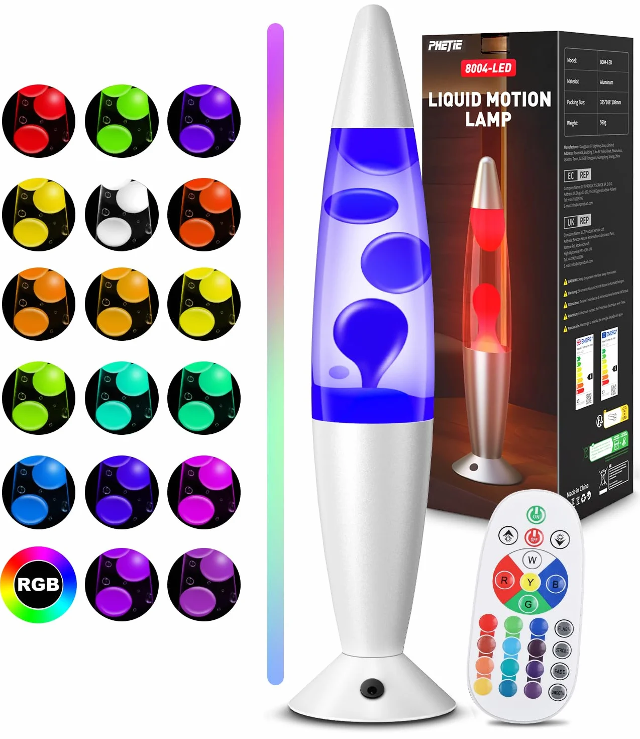T90769-S-EU-1 Lámpara de Lava LED con Mando a Distancia, 17 Colores Cambiantes con Modo Automático, Temporizador 8H, Alcance 15m, Lámpara de Ambiente para Dormitorio, Oficina, Salón