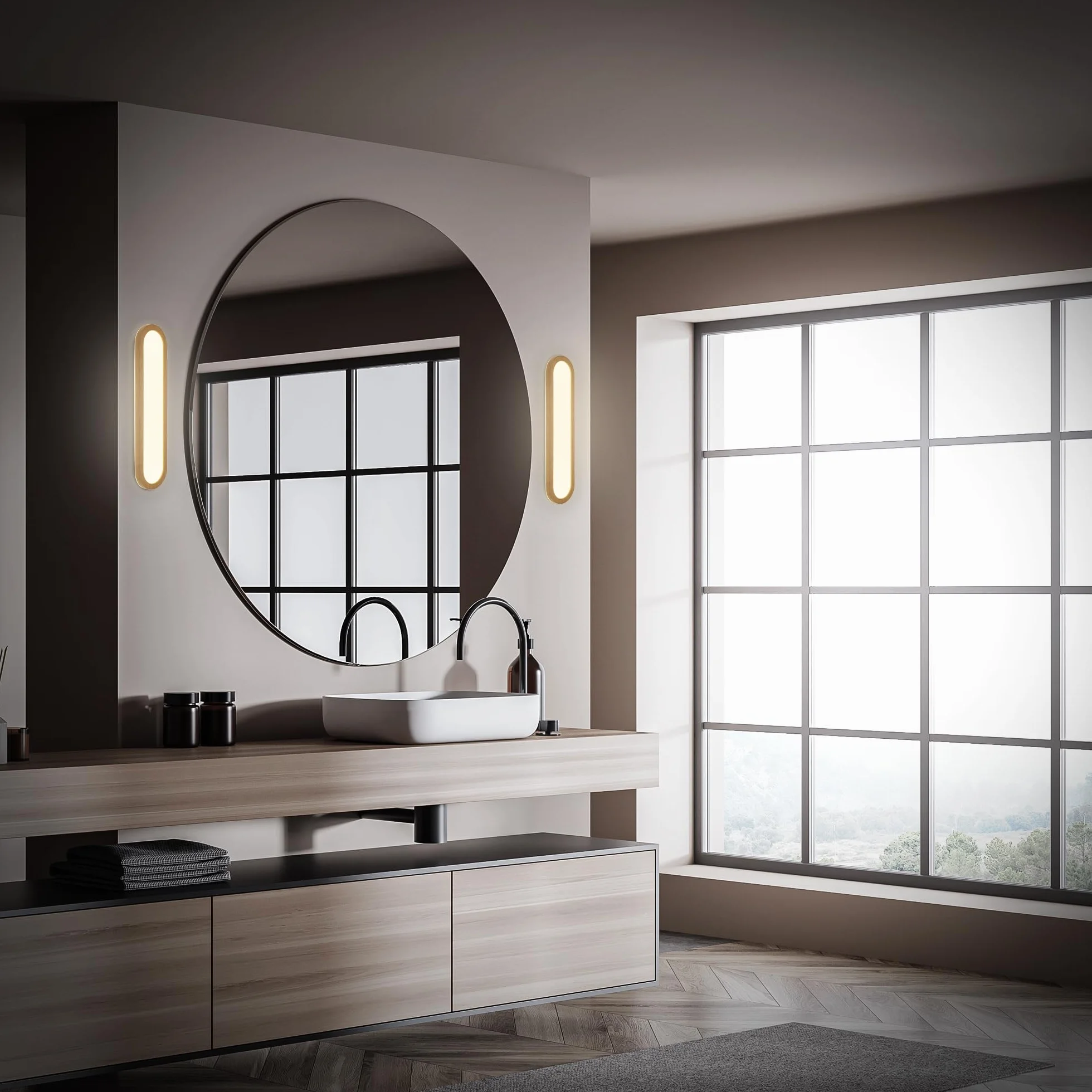 BRILONER - Aplique espejo baño LED con luz indirecta, protección IP44 contra salpicaduras, apliques espejo de baño, luz espejo, 35 x 9 x 4 cm, color madera
