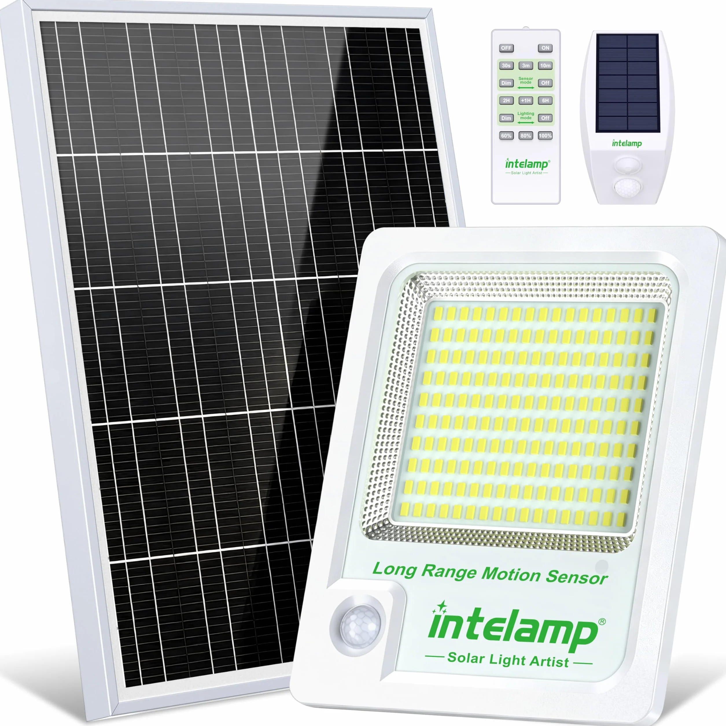 intelamp Foco LED Solar Exterior 2000LM, Batería 12000mAh, Color Blanco 6500K, Sensor de Movimiento con Caja Externa, 3 Modos, IP65 Impermeable, Lámpara de Seguridad para Jardín y Terraza