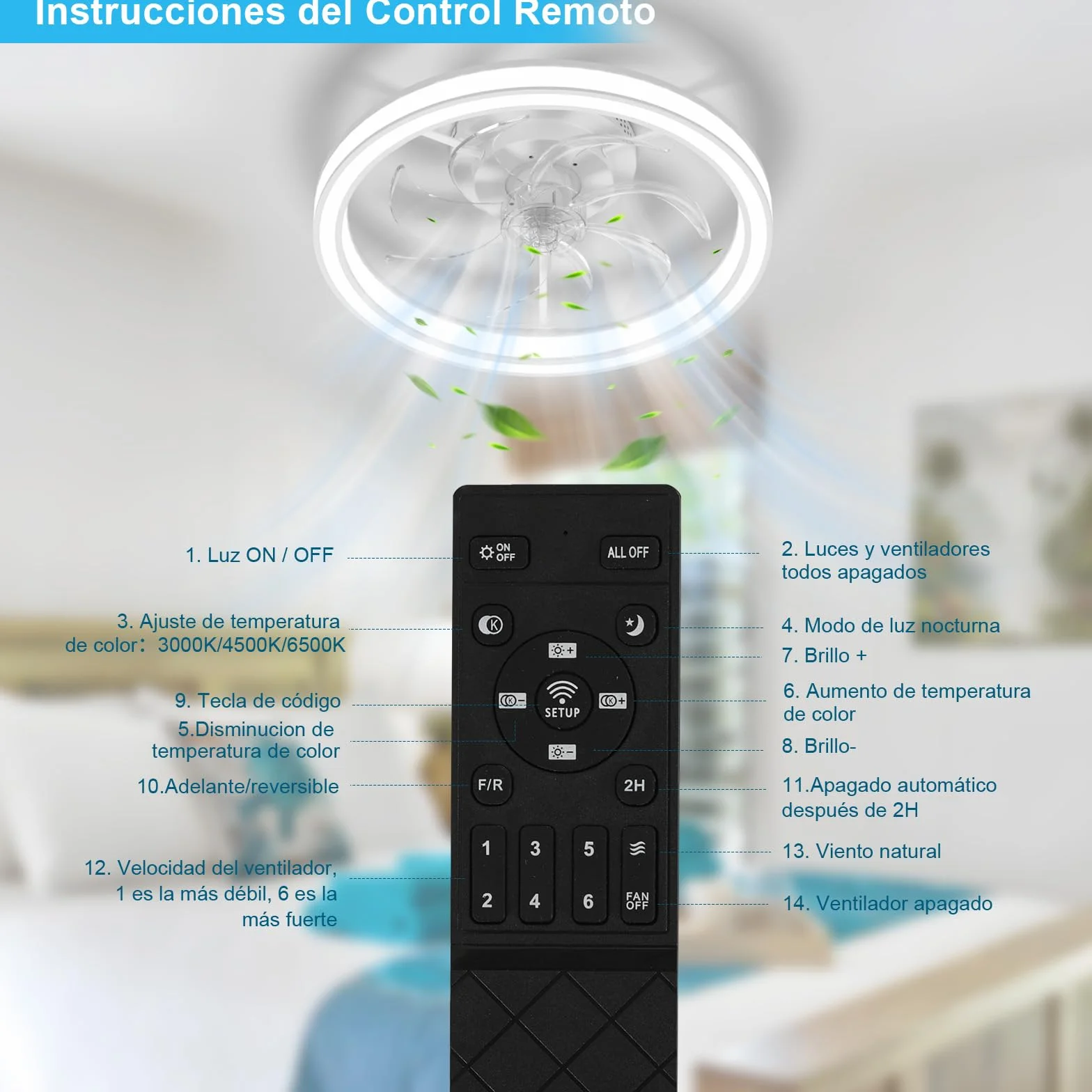 Ventilador de Techo con Luz LED 48CM, Lámpara Ventilador Techo con Control Remoto, Motor Silencioso con 6 Velocidades Reversibles, Temporizador, Luz Ventilador Techo Dormitorio, Blanco