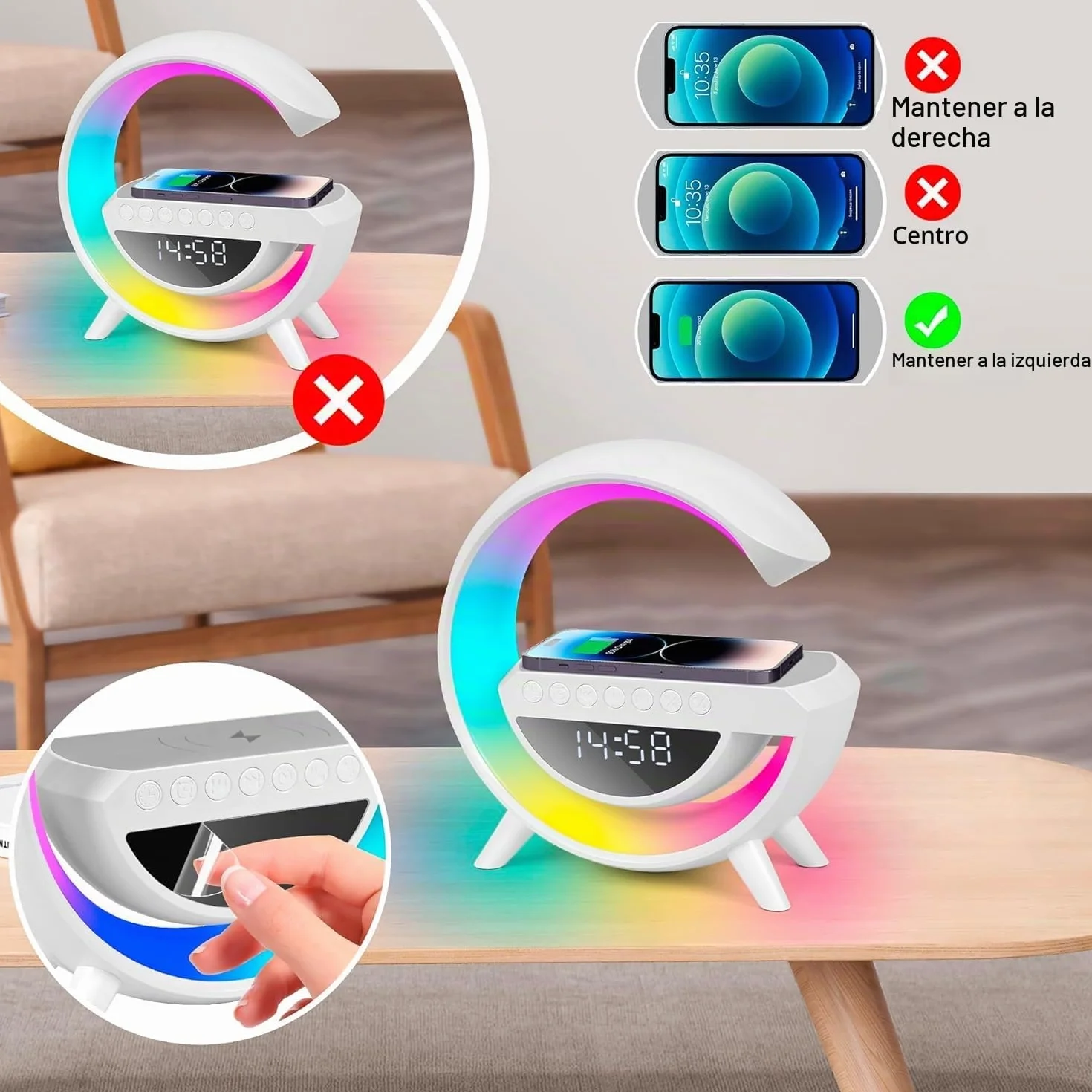 Lámpara con Cargador Inalámbrico 15W, Estación de Carga con Altavoz Bluetooth, Despertador Digital con Luz RGB y Luz Nocturna, Multifuncional para Dormitorio, Camping y Viajes