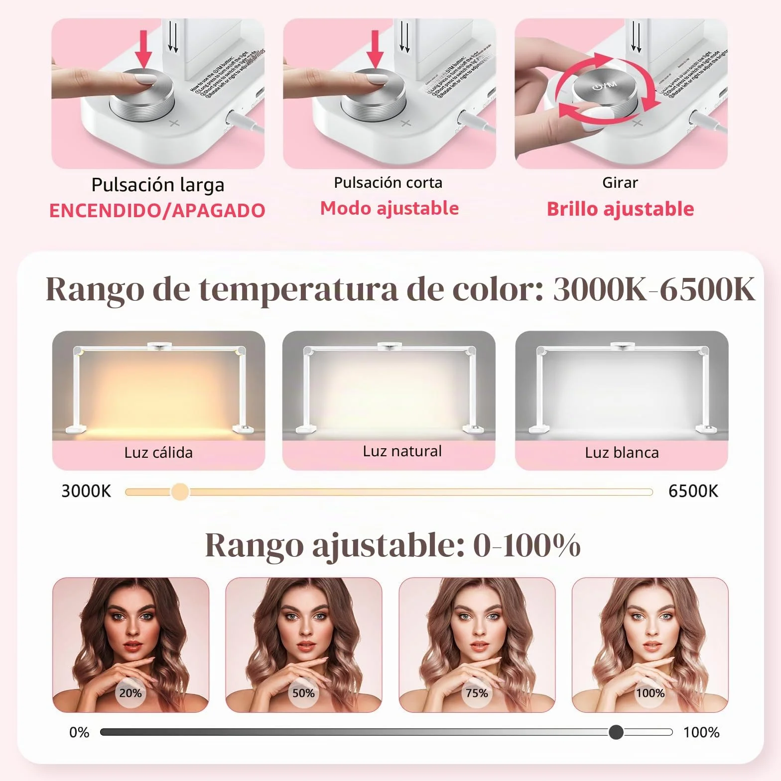 Media Luna Lámpara para Uñas 34" con Soporte 3 Modos de Color 10 Niveles de Brillo Ajustables Blanco