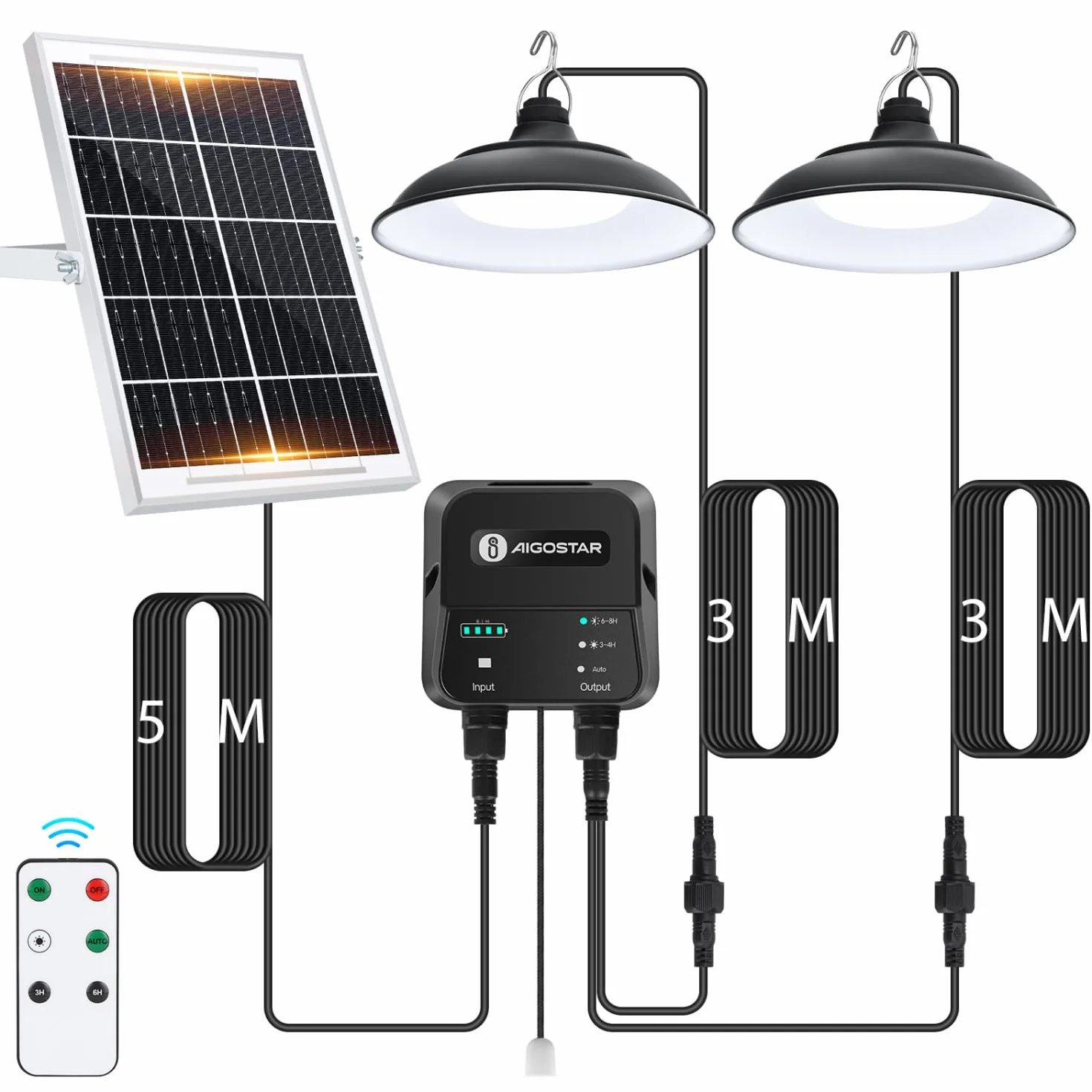 Aigostar - Luz solar exterior con mando a distancia y cuerda de tracción，cable de 11 m，batería de gran capacidad de 6000 mAh，IP65.Luz solar para interior/exterior，jardín，camping，2 lámparas