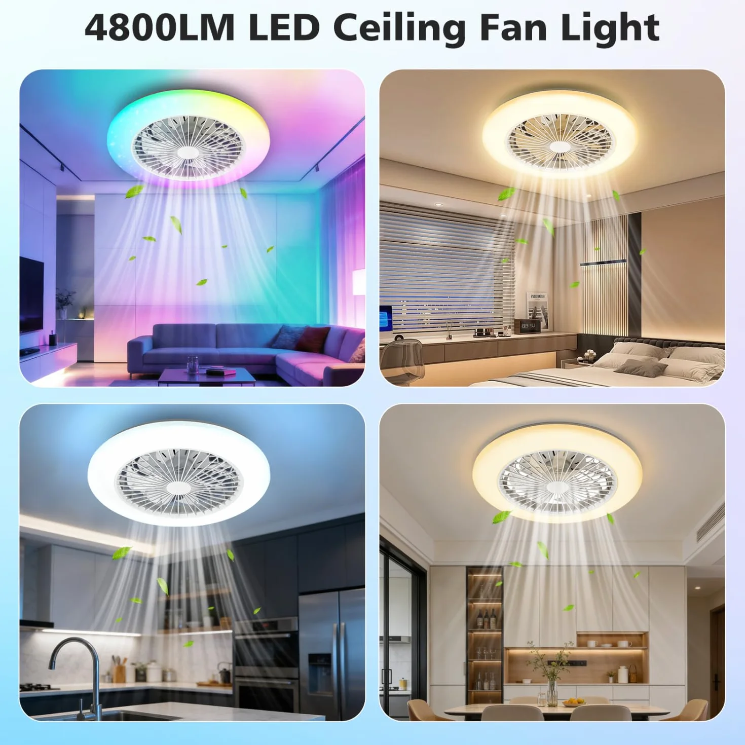 Aigostar Ventilador de Techo con Luz y Mando, Plafón LED 40W RGB+CCT Regulable, Motor Silencioso, 7 Aspas, Temporizador, 19.5" Blanco